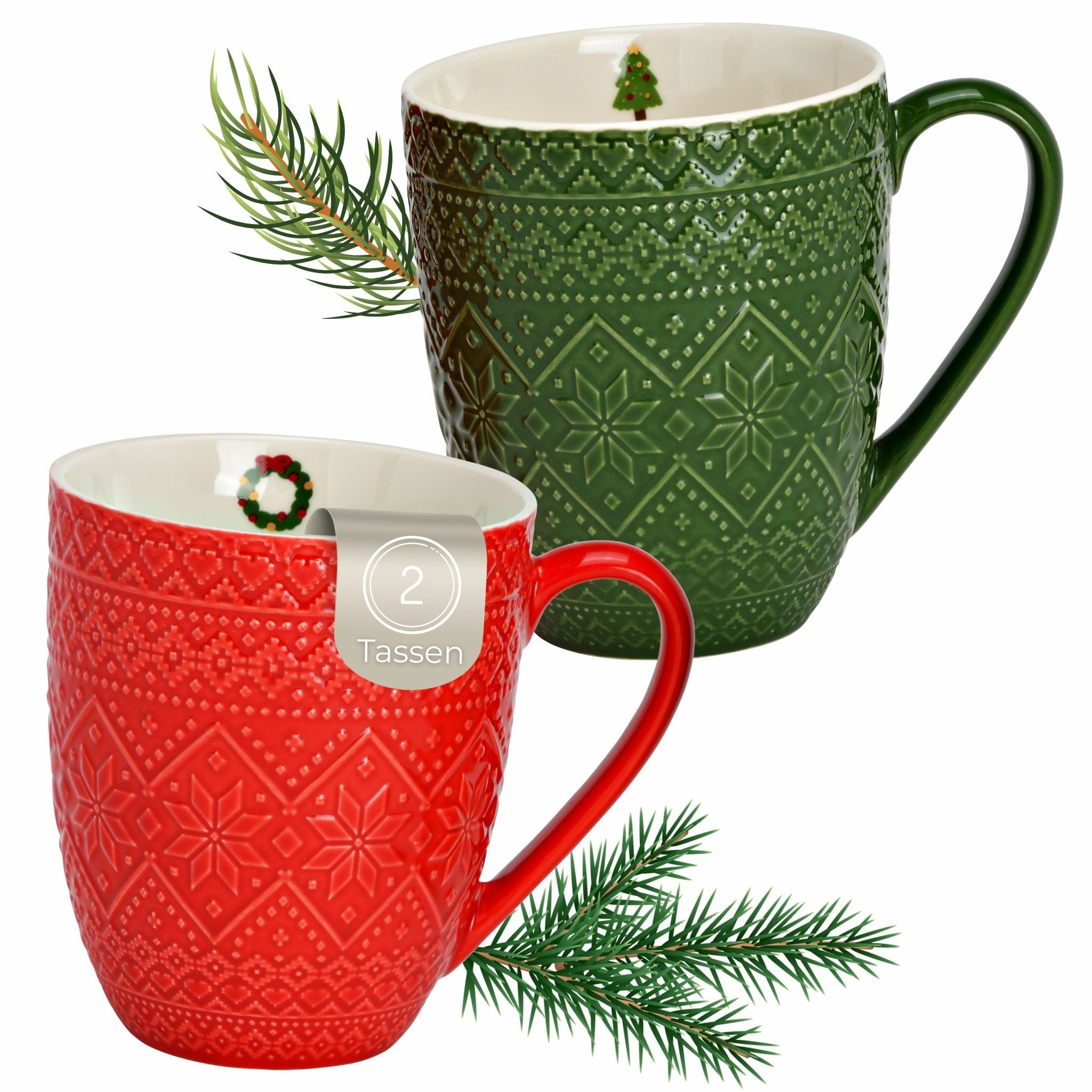 Tasse Kaffeetassen 2er Set in Rot & Grün mit Winter Design