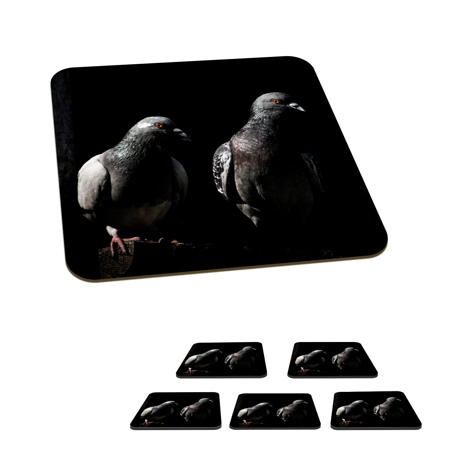 MuchoWow Glasuntersetzer Zwei schöne Tauben auf schwarzem Hintergrund, Zubehör für Gläser, 6-tlg., Glasuntersetzer, Tischuntersetzer, Korkuntersetzer, Untersetzer, Tasse