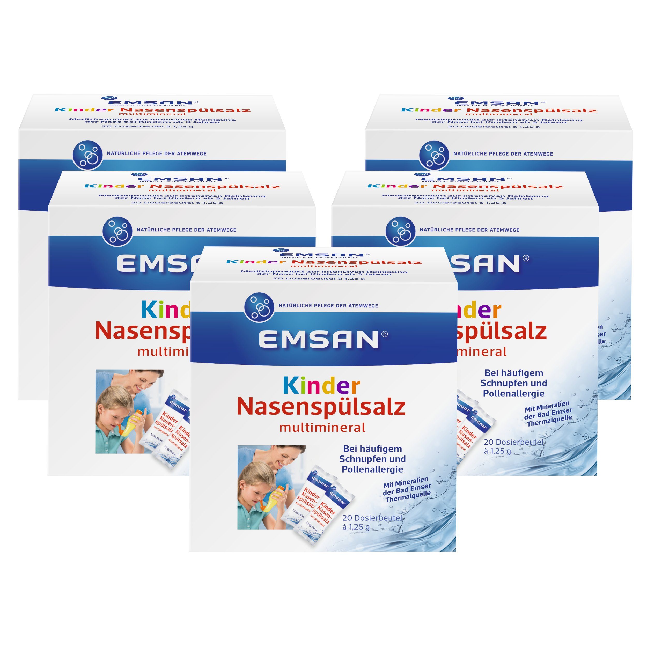 EMSAN Nasensauger-Ersatzteile Kindernasenspülsalz multimineral, 5 x 20 Beutel, zur Nasendusche bei Schnupfen und Pollenallergie