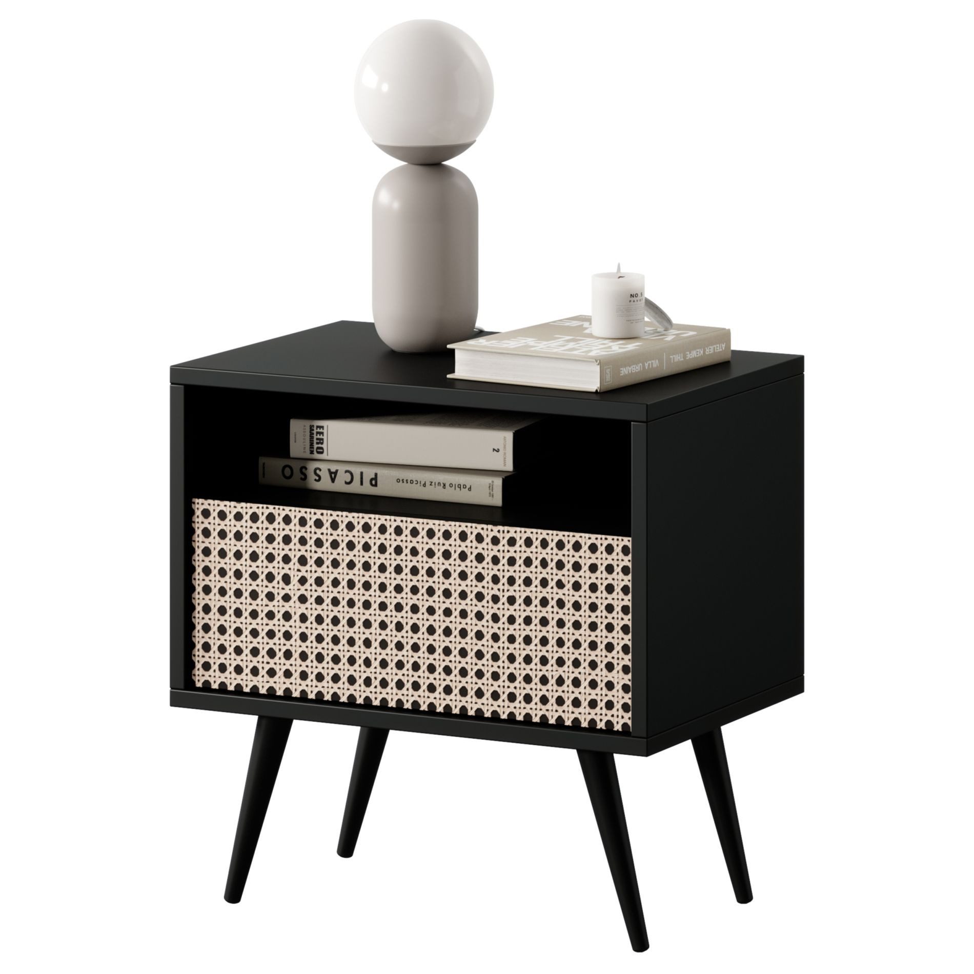 Selsey Nachttisch BELLO, mit Wiener-Geflecht-Dekor, Schublade und offener Ablage