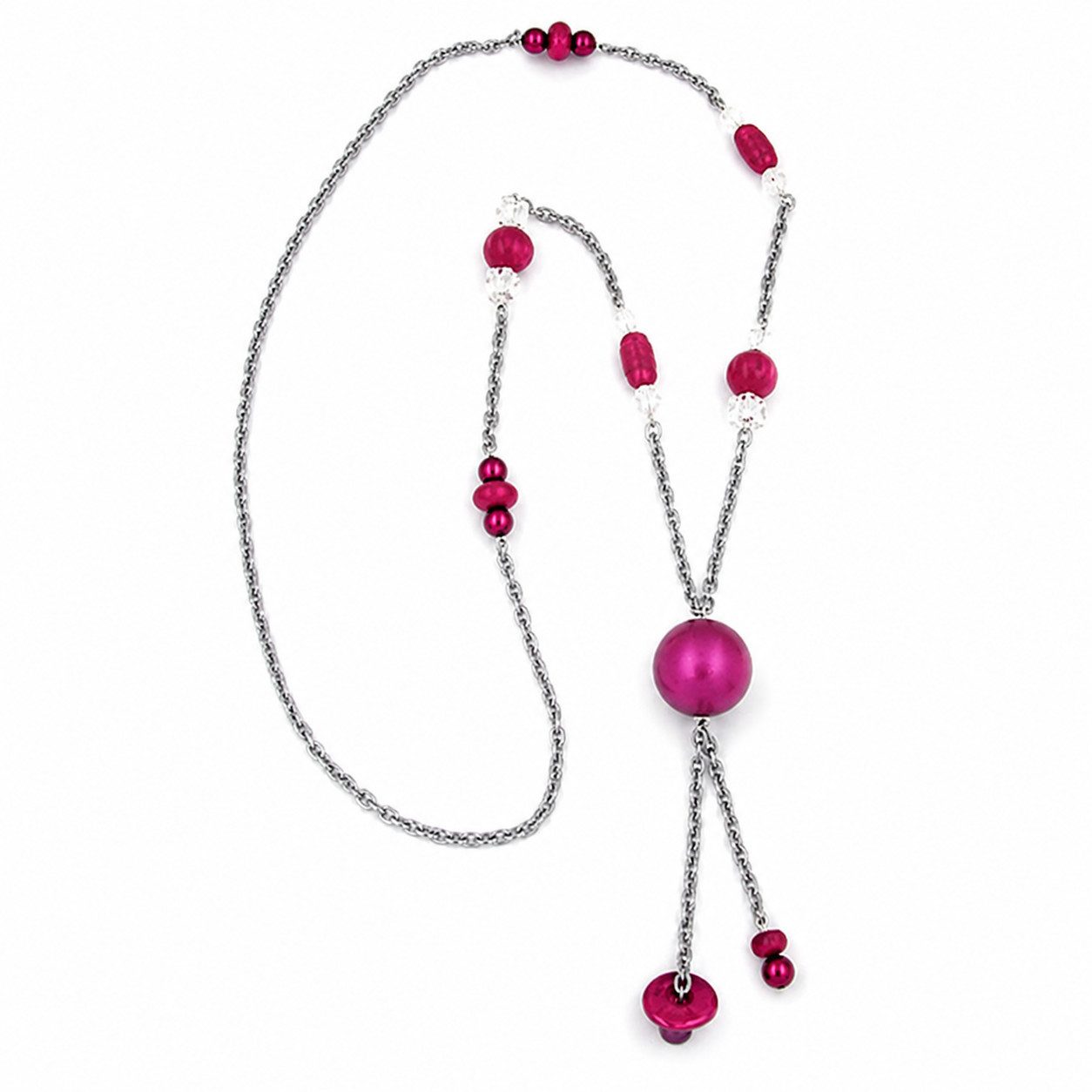 unbespielt Collier Kette Kunststoffperlen Altrosa-Grau-Kristall Aluminium 95 cm, Modeschmuck für Damen