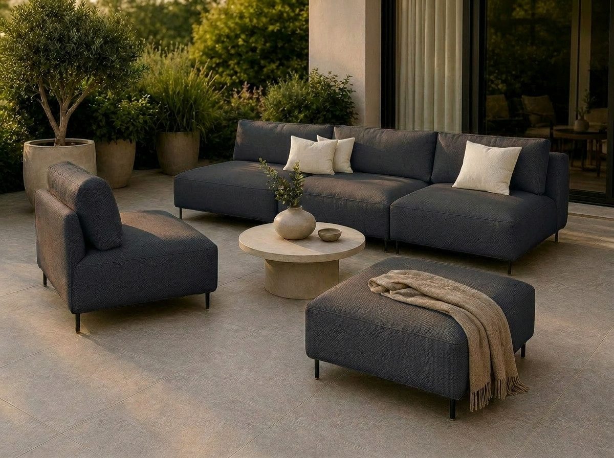 A&J MöbelLand GmbH Gartenlounge-Set Outdoor Lounge Set SUN – Sofa, Sessel und Hocker, (Outdoor Lounge Set für Garten und Terrasse, 3-teiliges modernes Garten Lounge Set), Wetterfestes Lounge Set für Garten und Terrasse