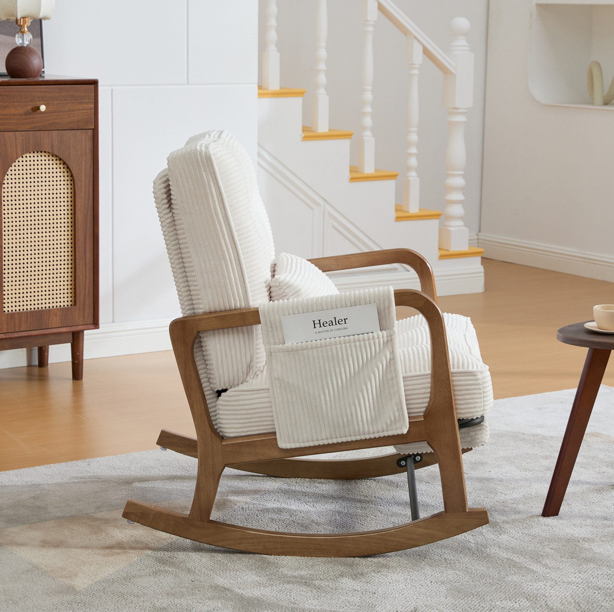 OKWISH Loungesessel Schaukelstuhl (mit verstellbarer Lehne, Fußstütze und praktischen Seitentaschen), Relaxsessel Polstersessel