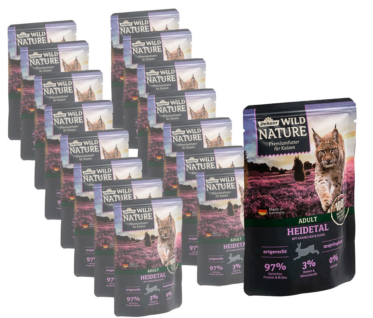 Dehner Wild Nature Heidetal Adult Kaninchen / Huhn, 16 x 85 g Beutel Kaninchen, Nassfutter für: Katze, Nassfutter für ausgewachsene Katzen, getreidefrei / zuckerfrei