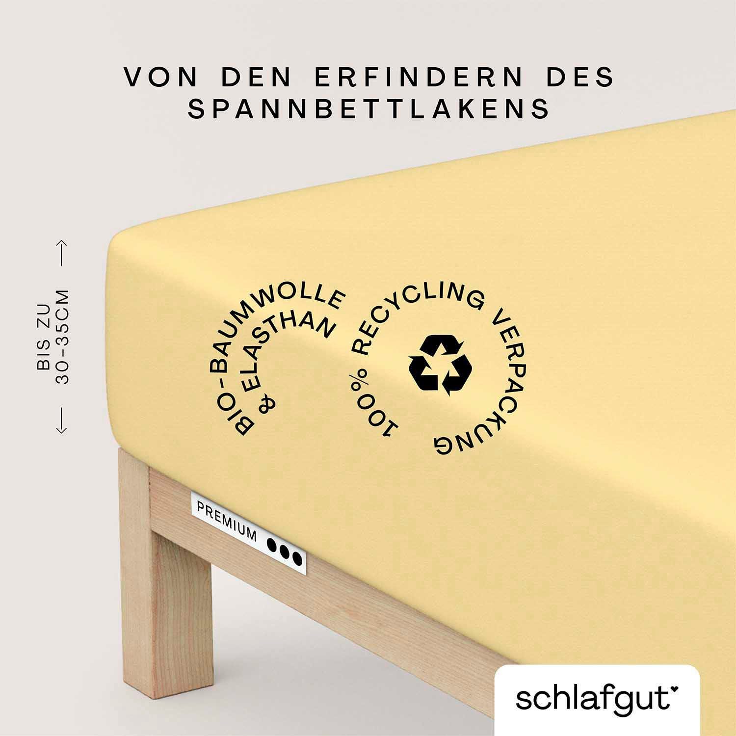 Schlafgut Spannbettlaken PREMIUM Mako-Zwirn-Jersey, 220 g/m², 95% Bio-Baumwolle, 5% Elasthan, Mako-Zwirn-Jersey, Gummizug: rundum, (1 Stück), Bettlaken bis 30 cm Höhe, PREMIUM-Qualität langlebig, perfekter Sitz