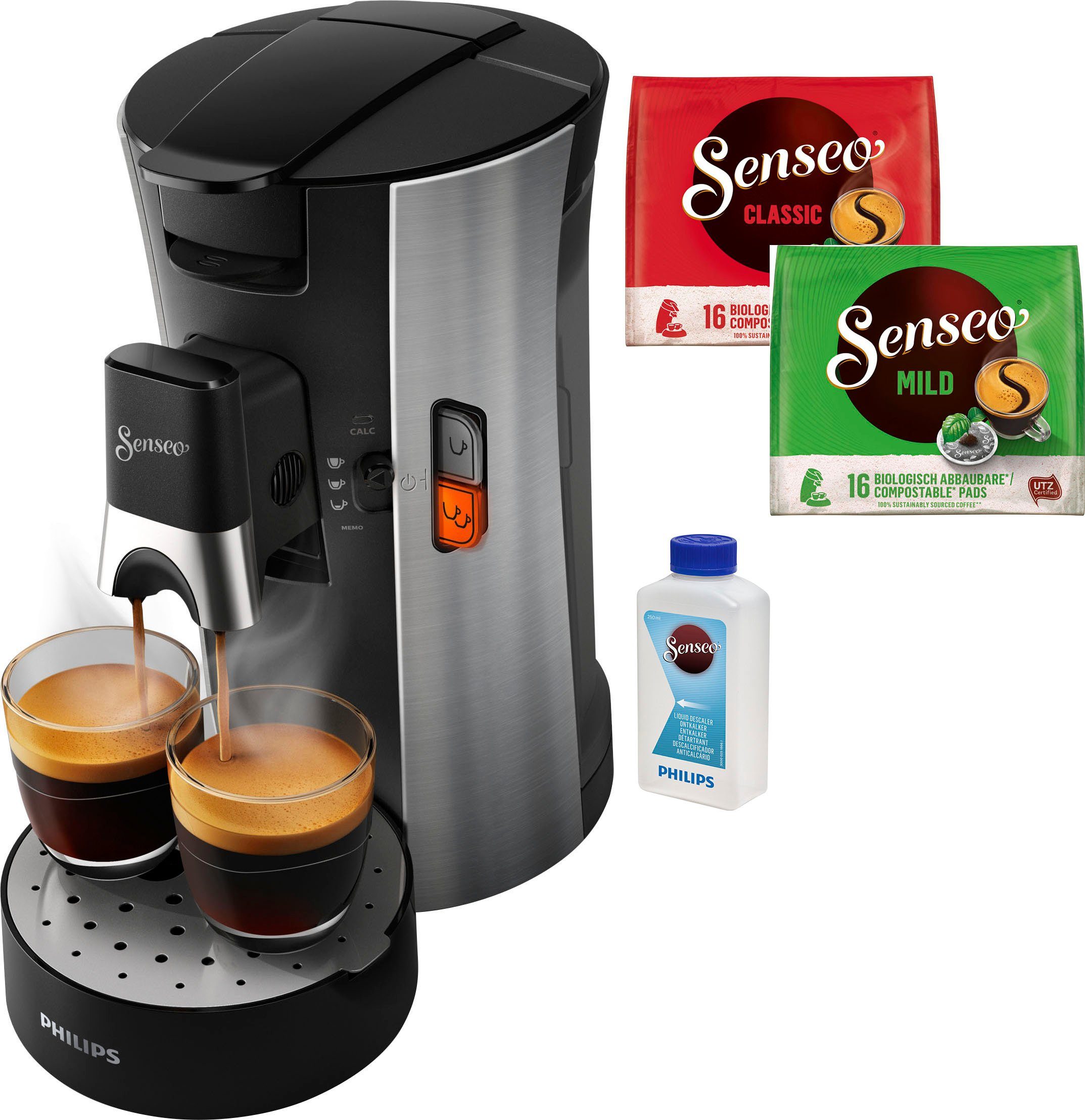 Select Kaffeepadmaschine € Memo-Funktion, aus Wert Kaffeespezialitäten, Plastik, inkl. Senseo 14,- recyceltem im Philips UVP CSA250/10, Gratis-Zugaben von +3 21%