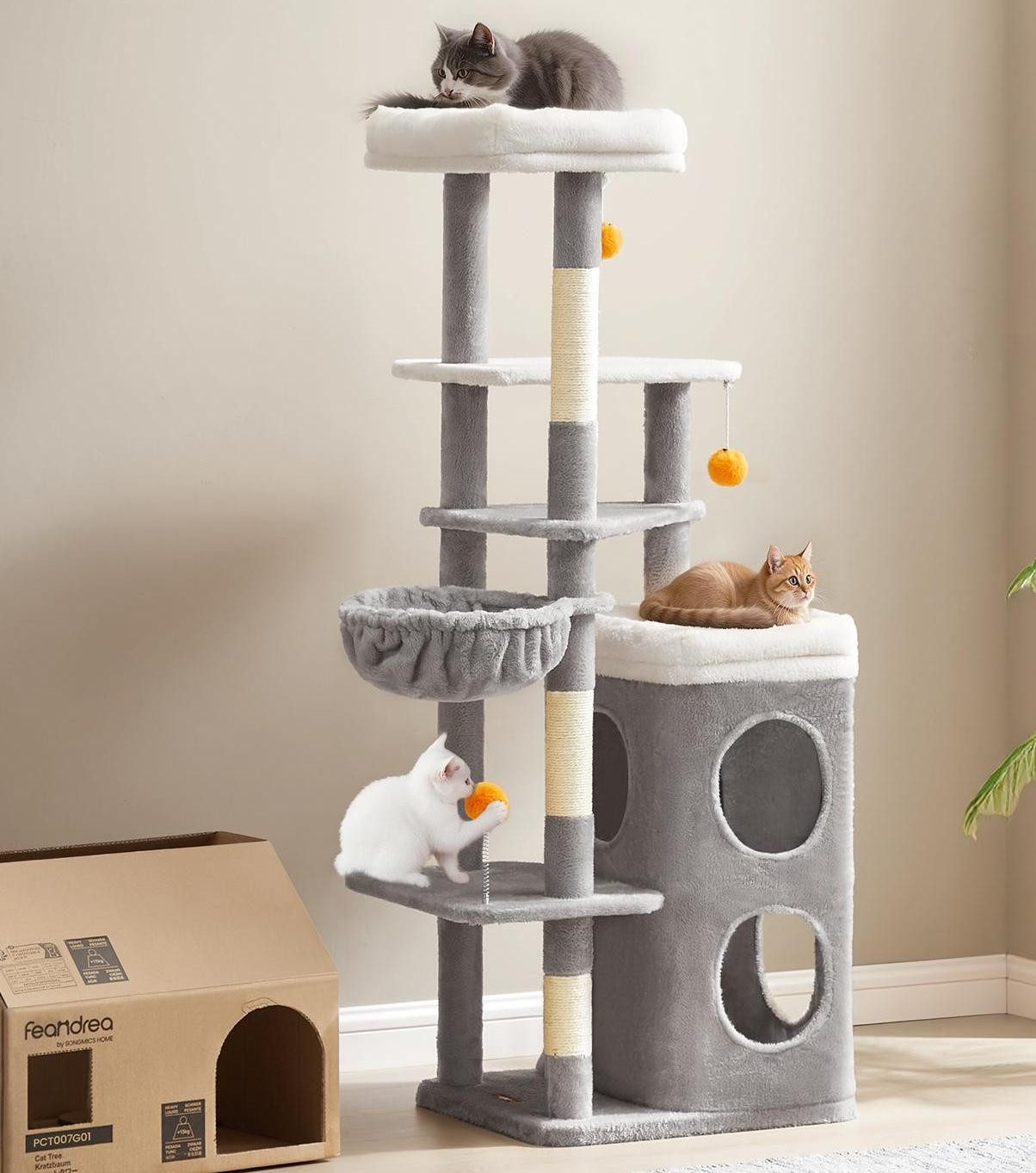 FEANDREA Kratzbaum Katzenkratzbaum 150 cm, mehrstöckiger Katzenbaum, mit 2 großen Höhlen, 1 Liegemulde, 3 Kratzstämmen, 3 Plattformen