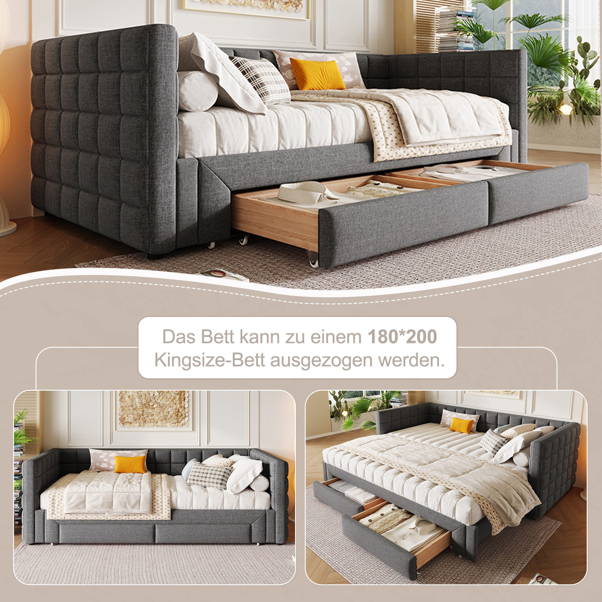 SOFTWEARY Schlafsofa mit Bettfunktion und Schubladen, 90x200cm/180x200cm, Schlafsofa mit Ausziehbett, Polsterbett – Bild 5 von 5