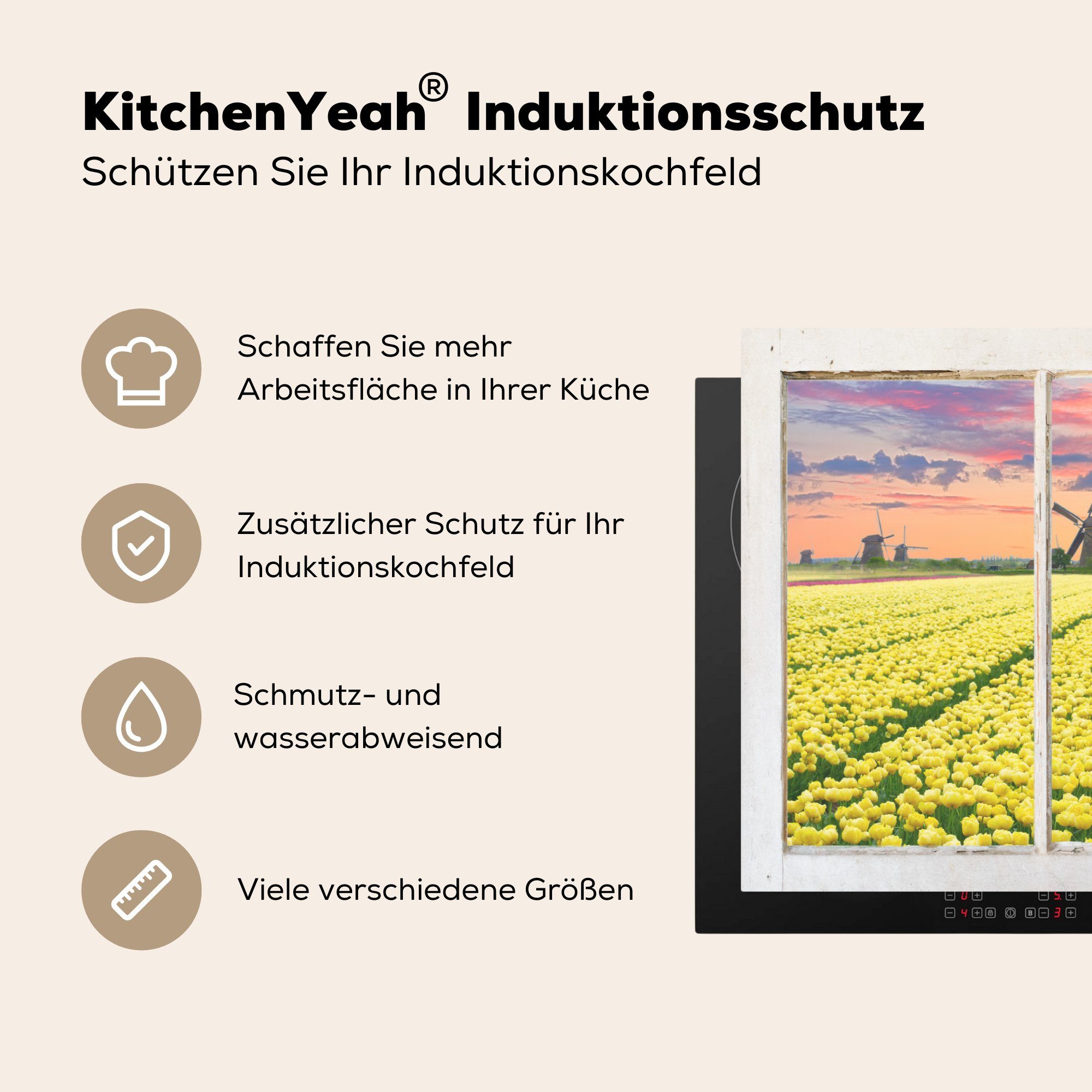 Vinyl, 81x52 Tulpen Schutz (1 cm, tlg), MuchoWow Herdblende-/Abdeckplatte - die küche, - Induktionskochfeld Mühle, Ceranfeldabdeckung für Ansicht