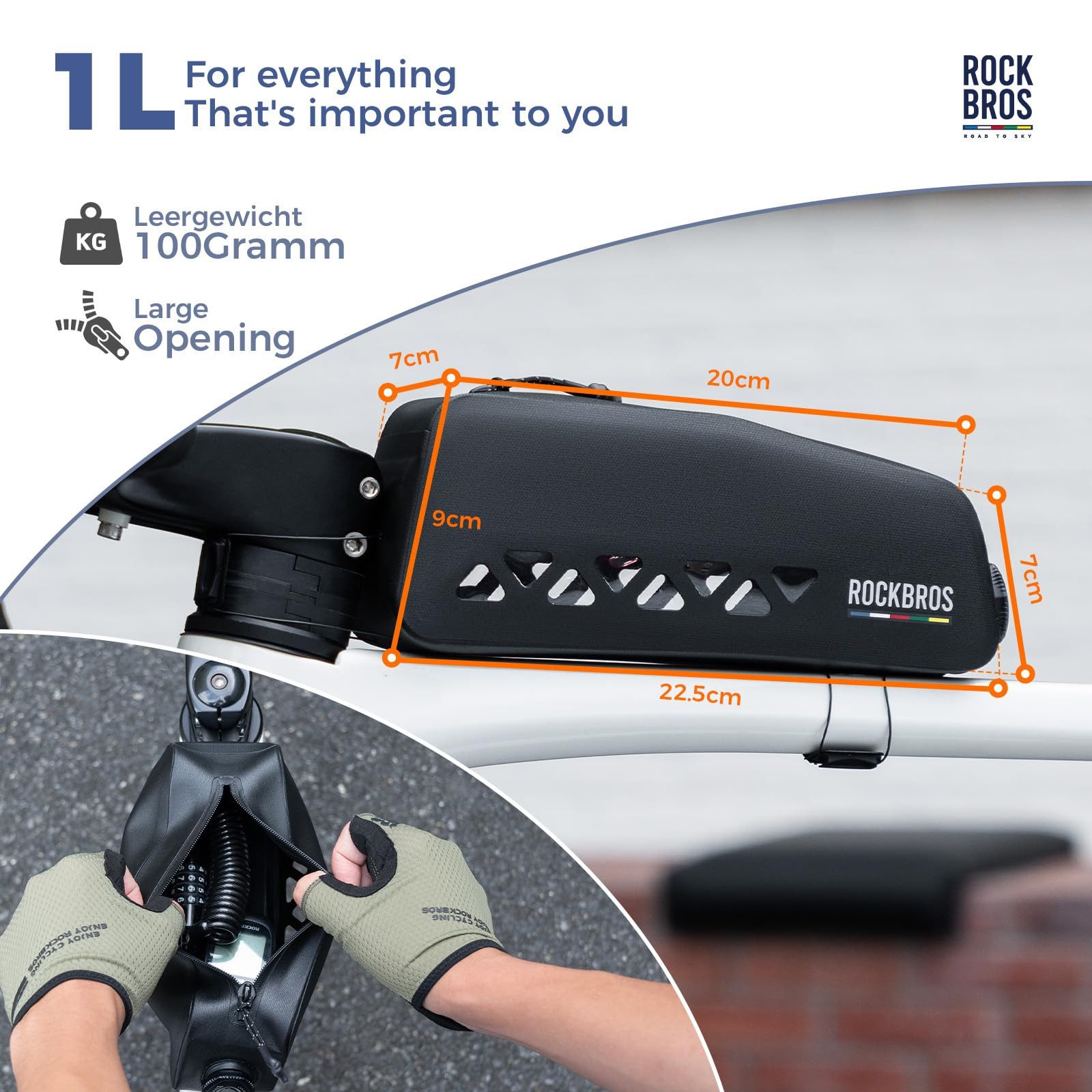 ROCKBROS Rahmentasche Road to Sky Oberrohrtasche 1L, wasserdicht, stabiles Material, schlankes Design – Bild 3 von 5