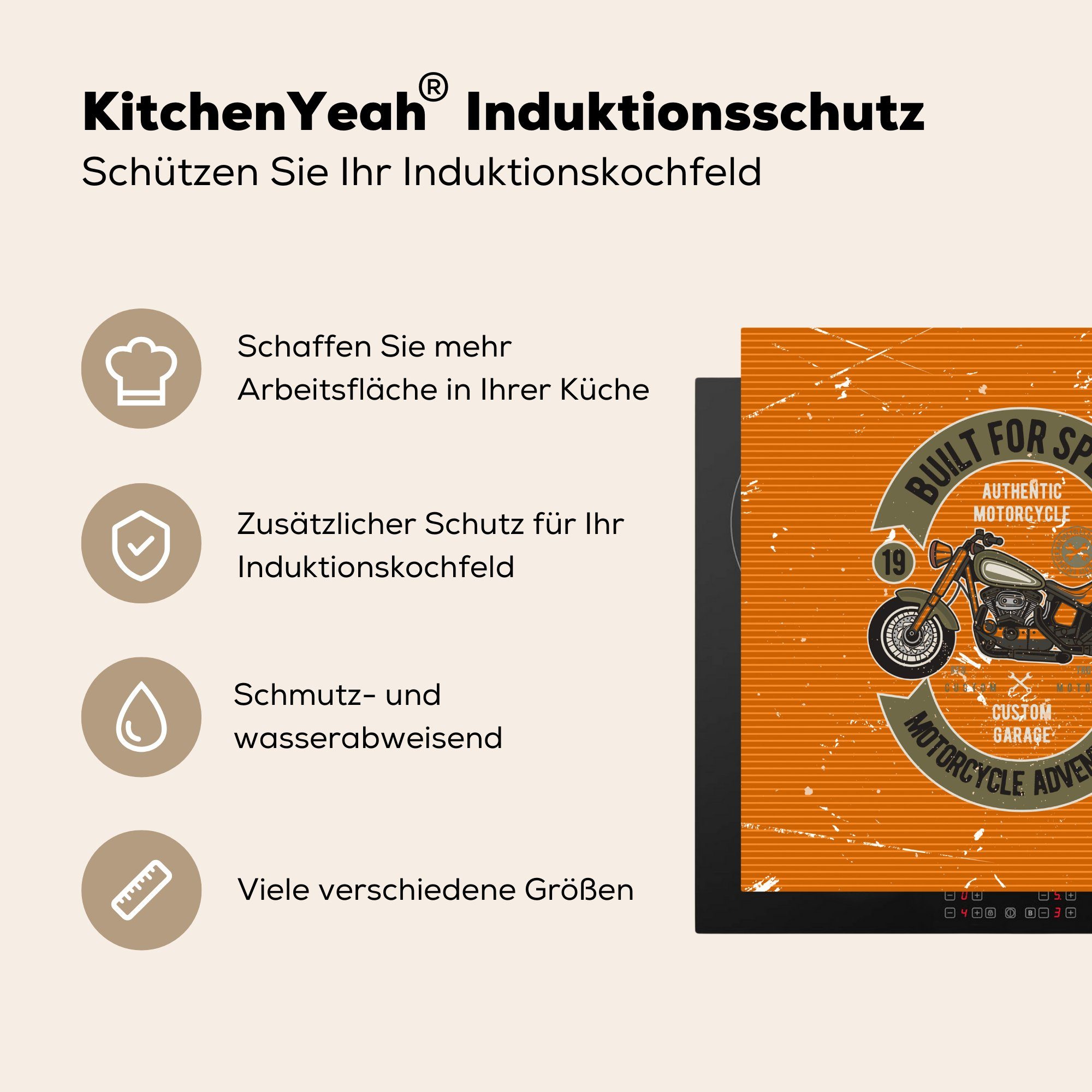 MuchoWow Herdblende-/Abdeckplatte Vintage - (1 cm, Vinyl, küche 78x78 tlg), Motor Orange, Arbeitsplatte für - Ceranfeldabdeckung