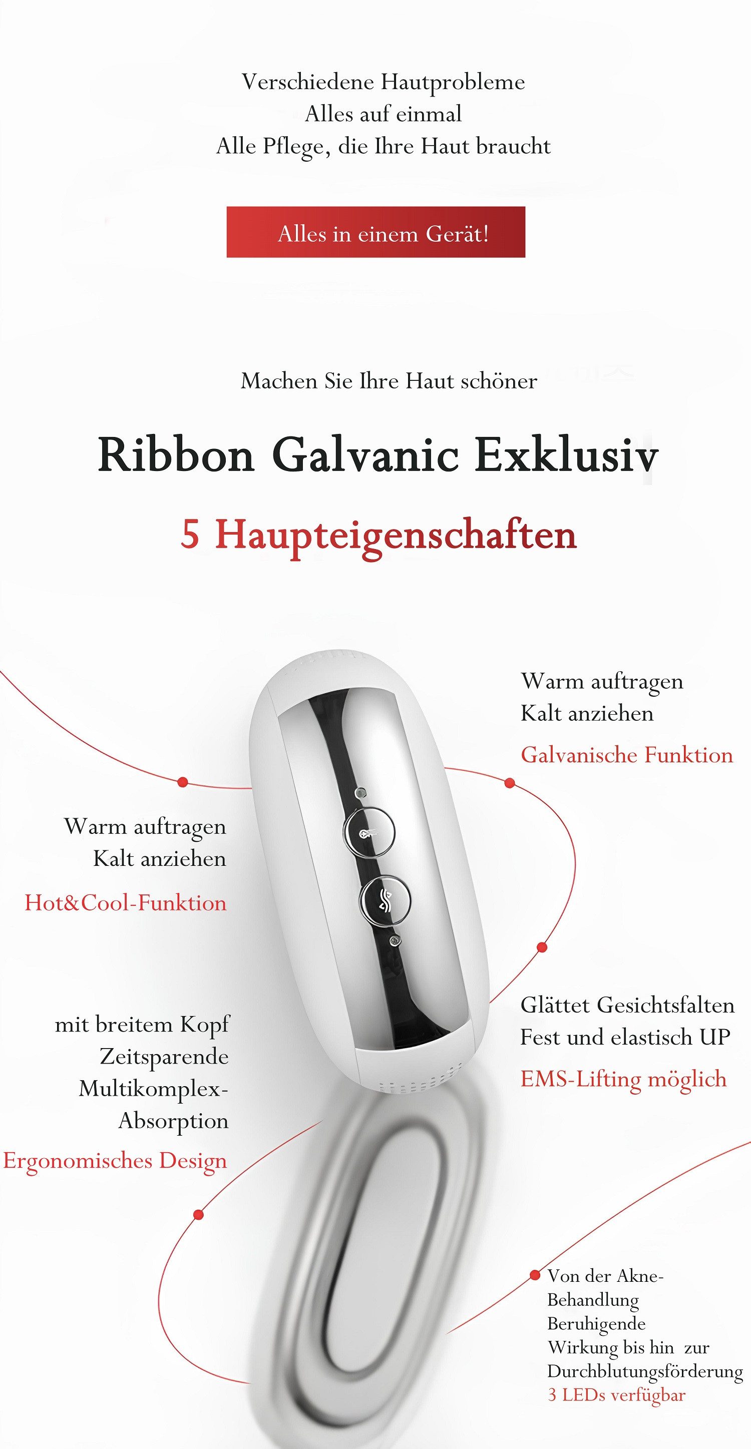 COOL-i ® Mikrodermabrasionsgerät 3-in-1 Ultraschall-Gesichtsreiniger, Kalt-Warm-Modus, EMS, Rot-Blau-Grün LED