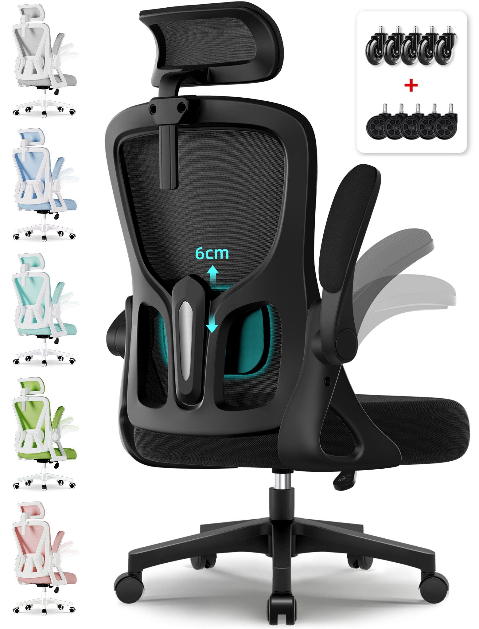 Adormii Bürostuhl Ergonomischer Bürostuhl mit klappbaren Armlehnen und Rückenlehnen (Drehstuhl mit Drehbare, höhenverstellbarer Kopfstütze, geräuscharme Rollen, 90°-135° Wippfunktion Bürostuhl, belastbar bis 150kg, Netz atmungsaktiv, Chefsessel), Leise Rollen, getestet und garantiert für 2-Jahre