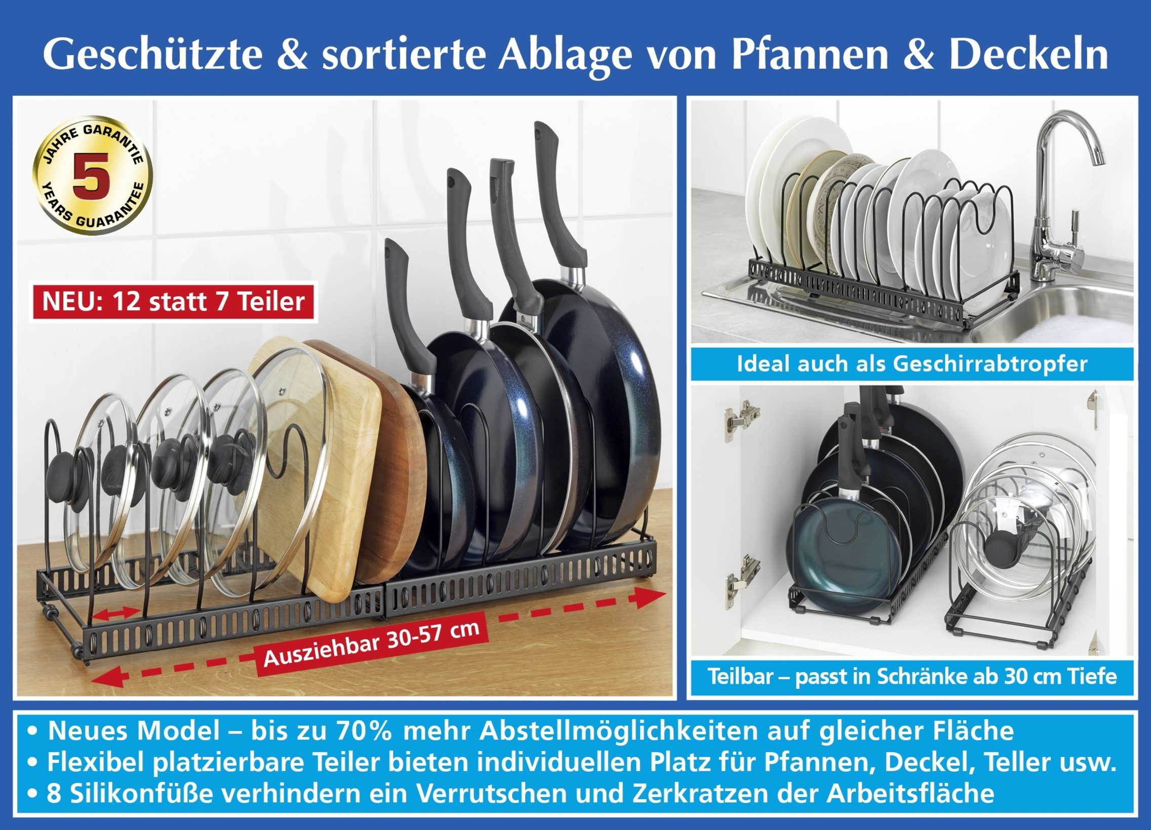 Zubehöraufbewahrungsständer Deckel und Pfannenhalter ausziehbar 2in1 Maße ca. 30-57 x 18 x 18 cm
