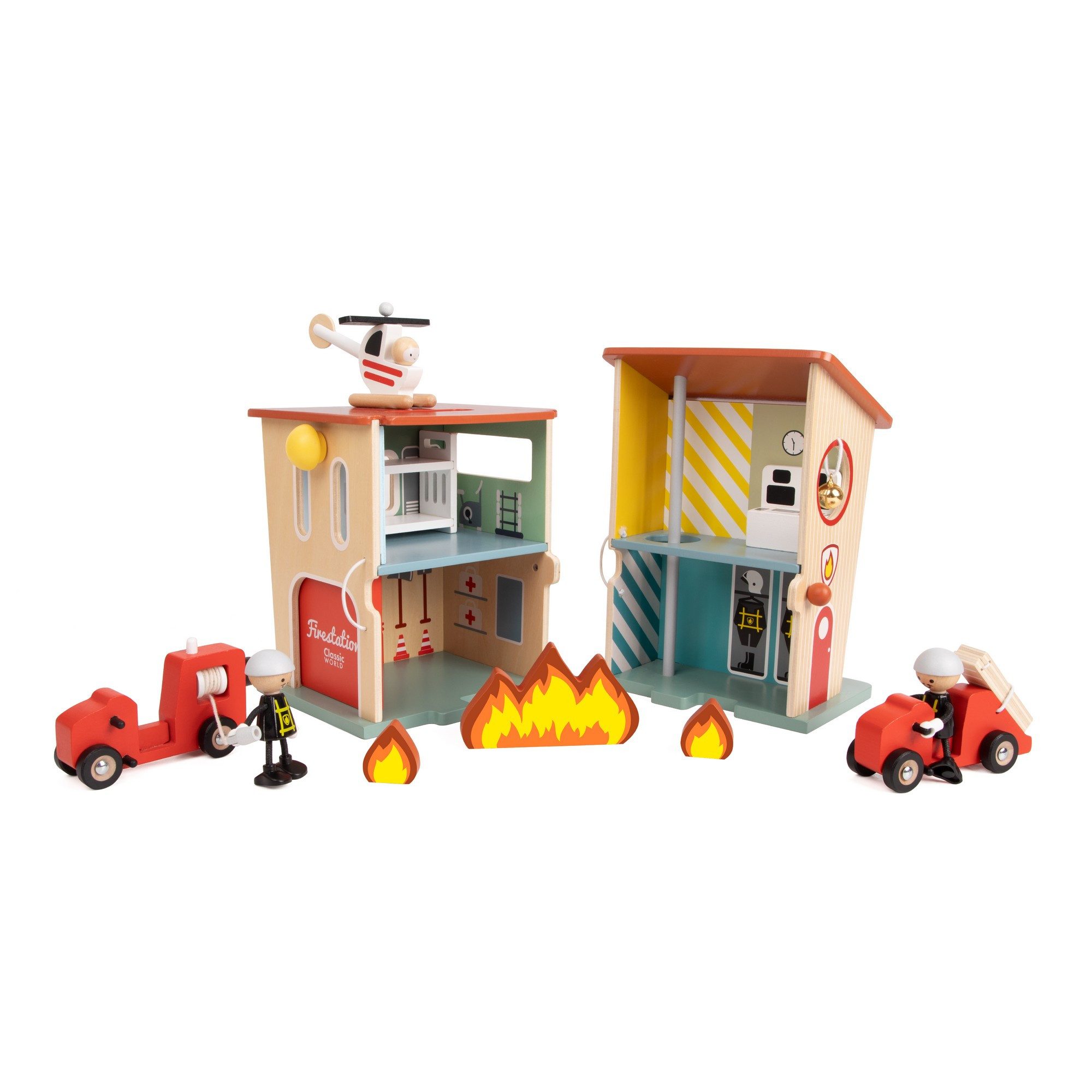 Classic World Spielzeug-Feuerwehr Classic World - Feuerwehrwache - 26x19,3x24,5cm - ab 3 Jahre, (Set aus Feuerwache und Zubehör, 11-tlg)
