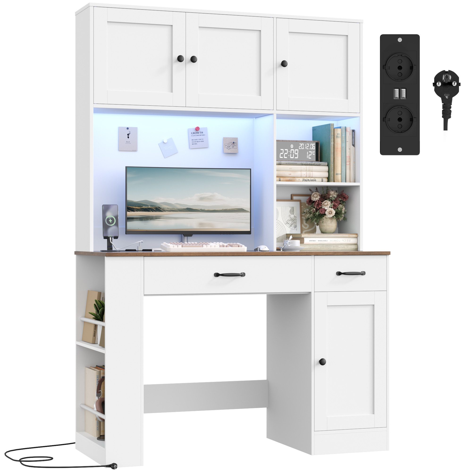 Homfa Schreibtisch mit LED, 2 Steckdosen und 2 USB, 180cm, Computertisch mit Bücherregal, Bürotisch weiß 180x120x50cm