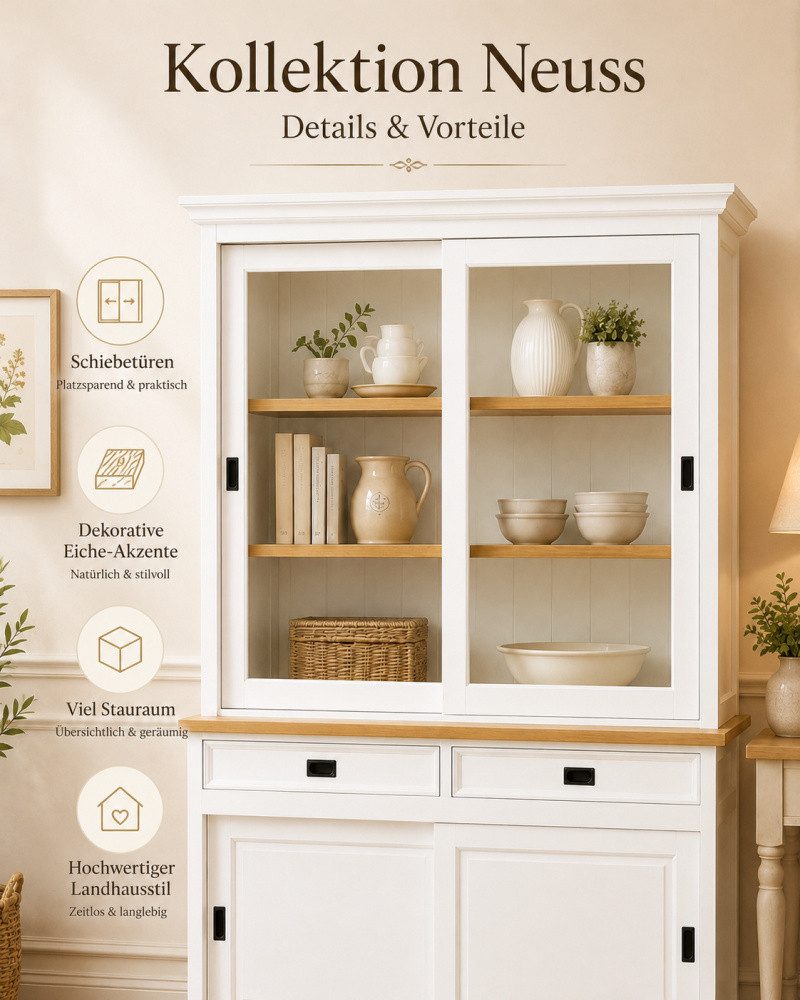 Wohnpalast Vitrine Vitrinen Schrank Neuss 150cm weiß/eiche - Buffet Schrank mit Schiebetü