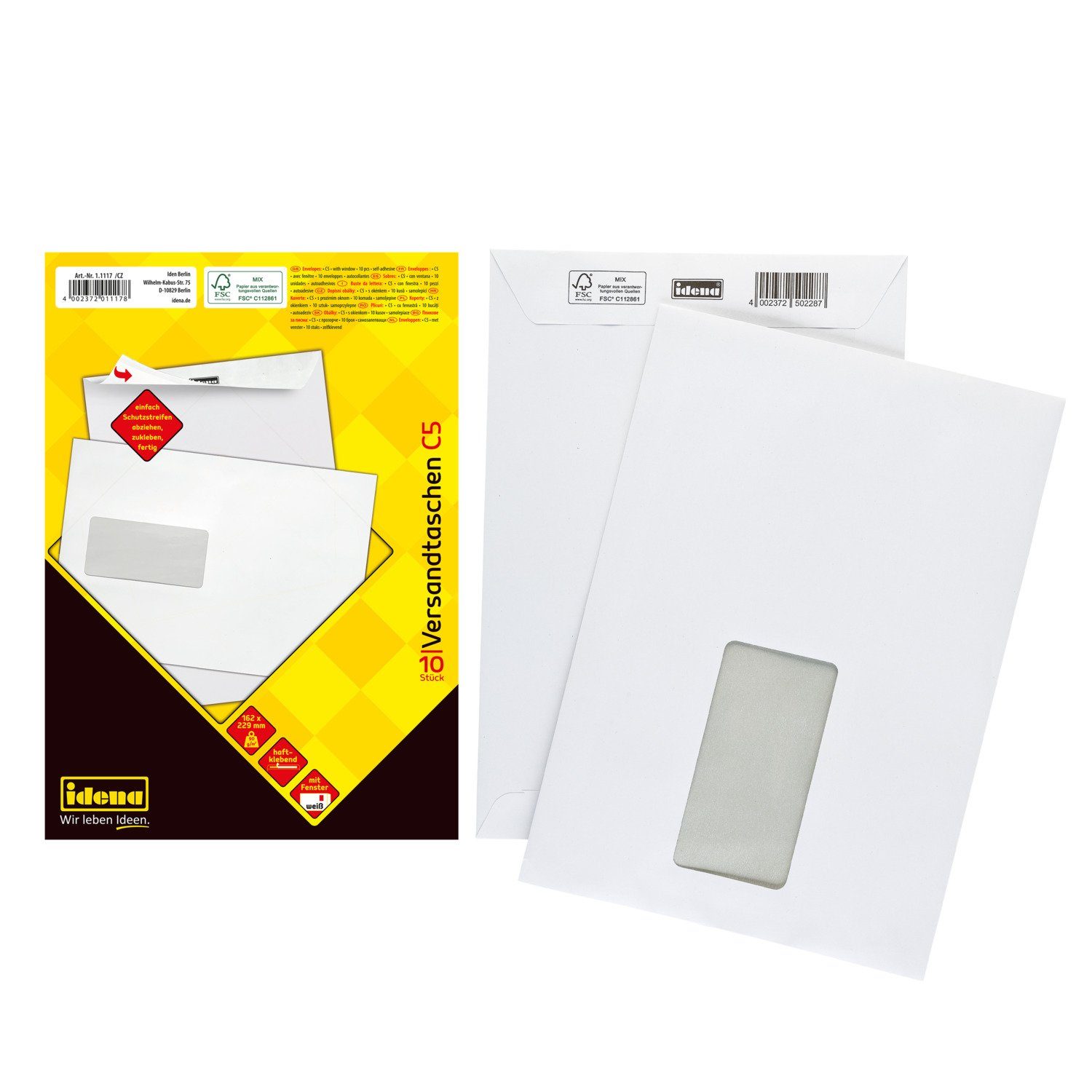 Idena Versandtasche Idena 11117 - Versandtasche DIN C5, 90 g/m², haftklebend, mit Fenster