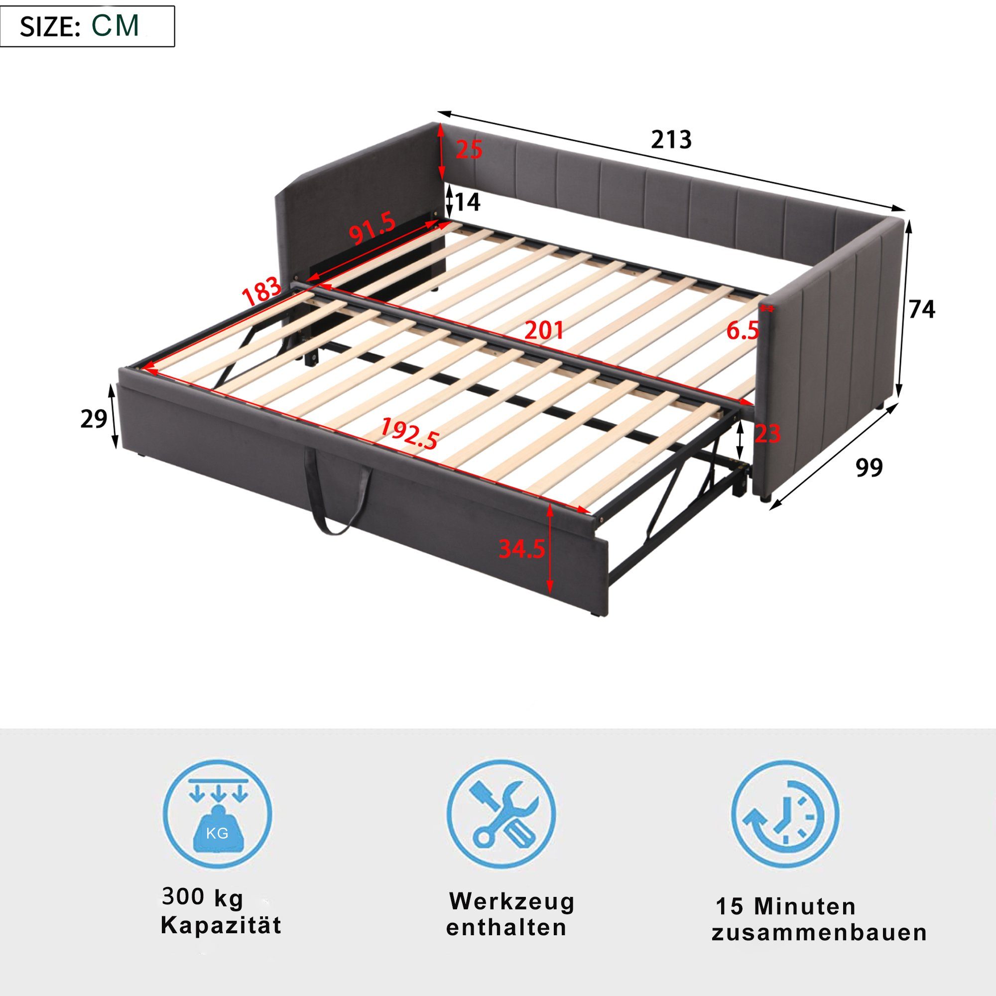 Merax Daybett Schlafsofa ausziehbar mit Lattenrost, Funktionsbett mit Samtbezug, Polsterbett mit zwei Liegeflächen 90/180x200 cm