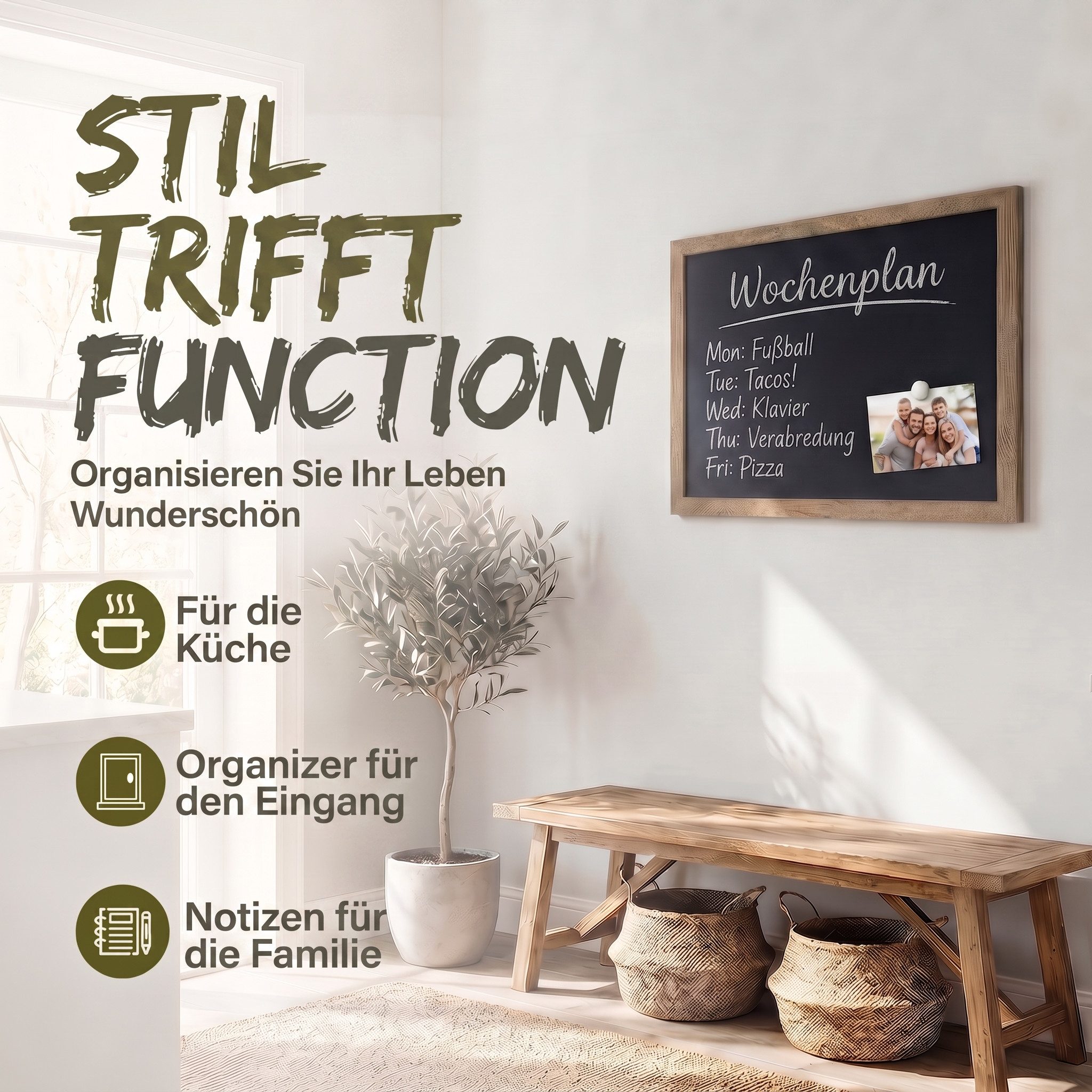 Goods+Gadgets Magnettafel Magnettafel Kreidetafel – Holzrahmen Magnet Board für Küche & Büro, (Magnet-Tafel zum Aufhängen, mit Holz-Rahmen), inkl. Kreidestift & Magnete