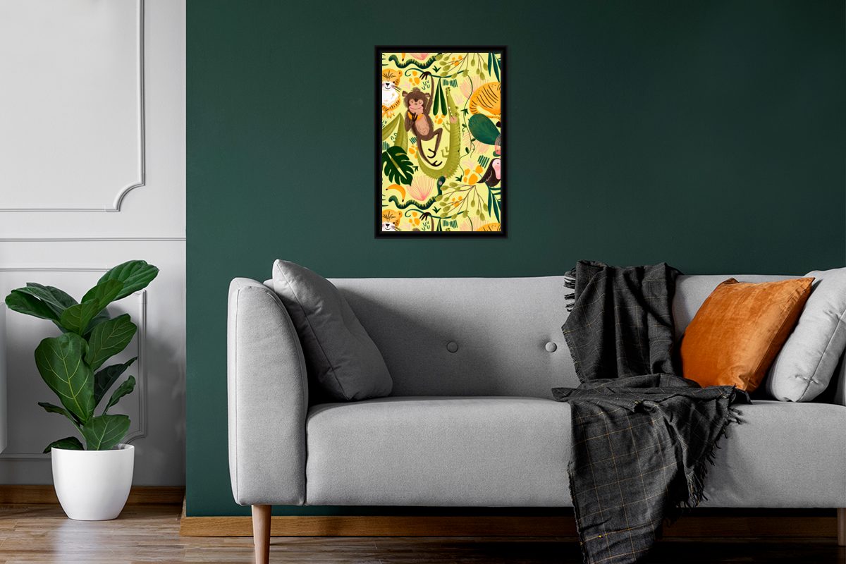 Tiere Wandposter, St), Wanddeko, - (1 Bilder, Gelb, Poster, Gerahmtes - Pflanzen MuchoWow Bilderrahmen Dschungel - Poster Schwarzem