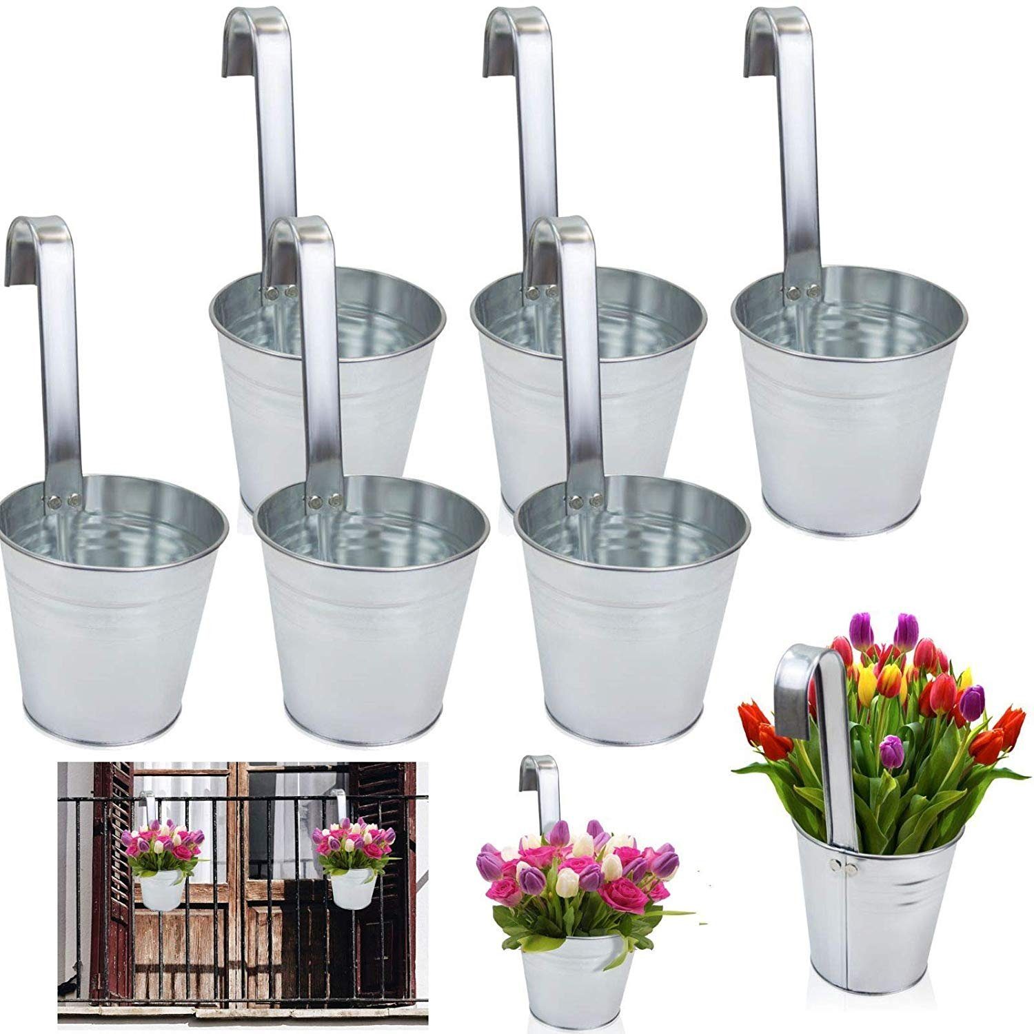 astor24 Pflanzkübel Hängetöpfe Zink (Blumentopf Garten Balkon Blumen Topf Kräutertopf Geländertopf), hochwertig verarbeitet 6 Stück silber