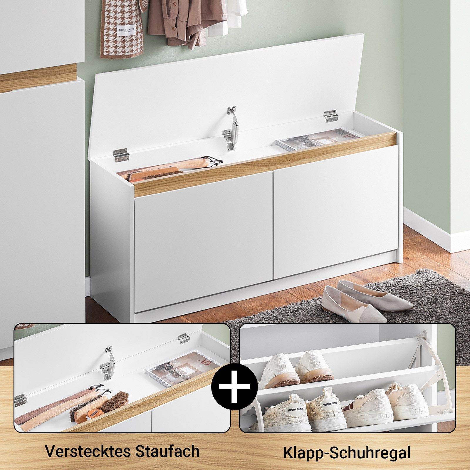 SoBuy Schuhkipper FSR171, Schuhbank Dielenbank, Sitzbank mit Stauraum, Schuhregal, Sitzkommode Schuhschrank mit 2 Klappen, gepolstert, Fach unter Kissen