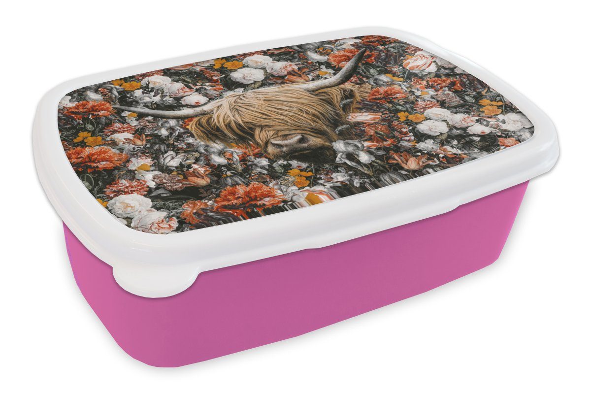 MuchoWow Lunchbox Schottischer Highlander - Blumen - Schwarz - Weiß, Kunststoff, (2-tlg), Brotbox für Erwachsene, Brotdose Kinder, Snackbox, Mädchen, Kunststoff rosa