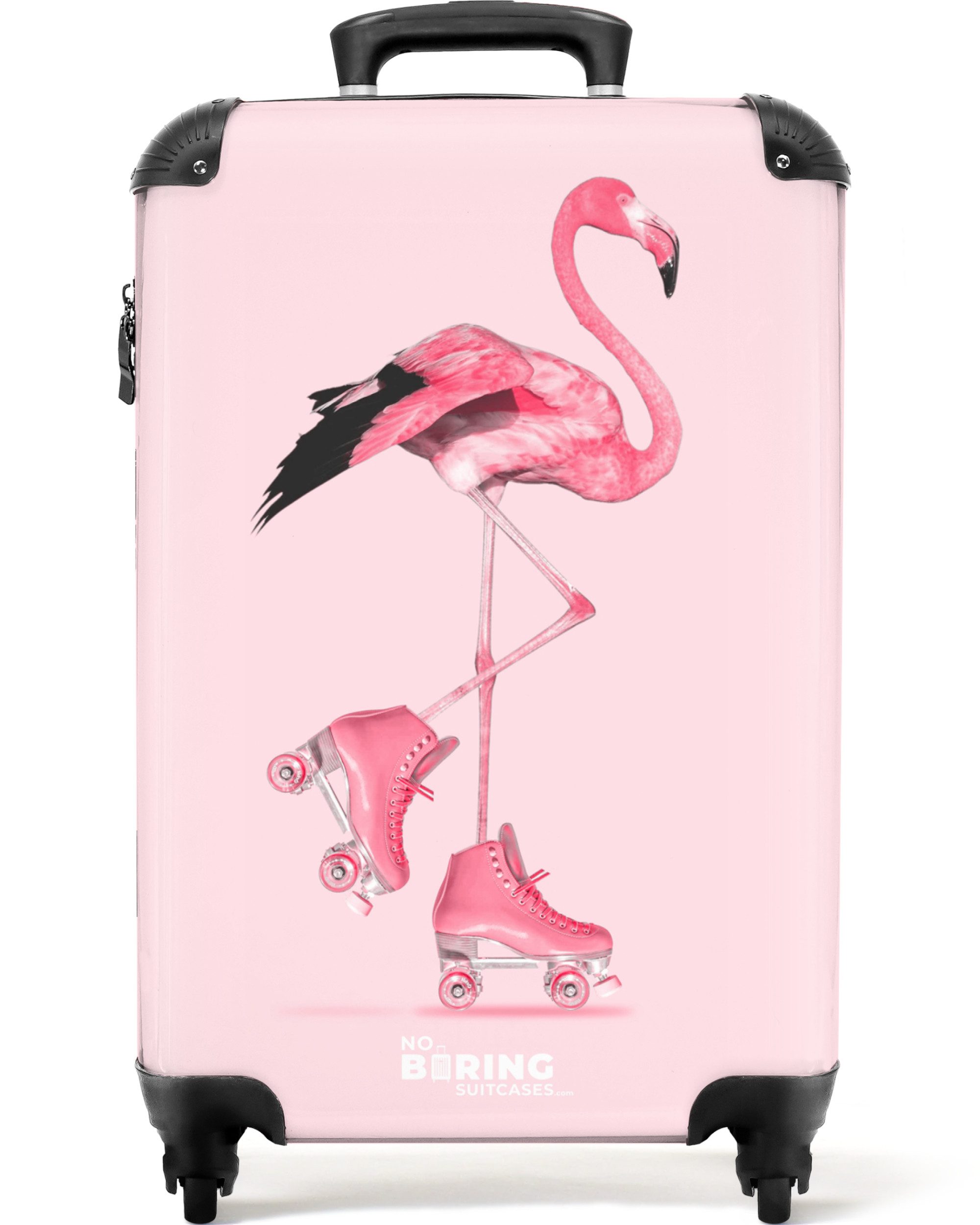 NoBoringSuitcases.com© Kinderkoffer Flamingo mit rosa Rollschuhen 55x35x20cm, 4 Rollen, Handgepäck-Koffer, Kinderkoffer, Reisekoffer Mädchen