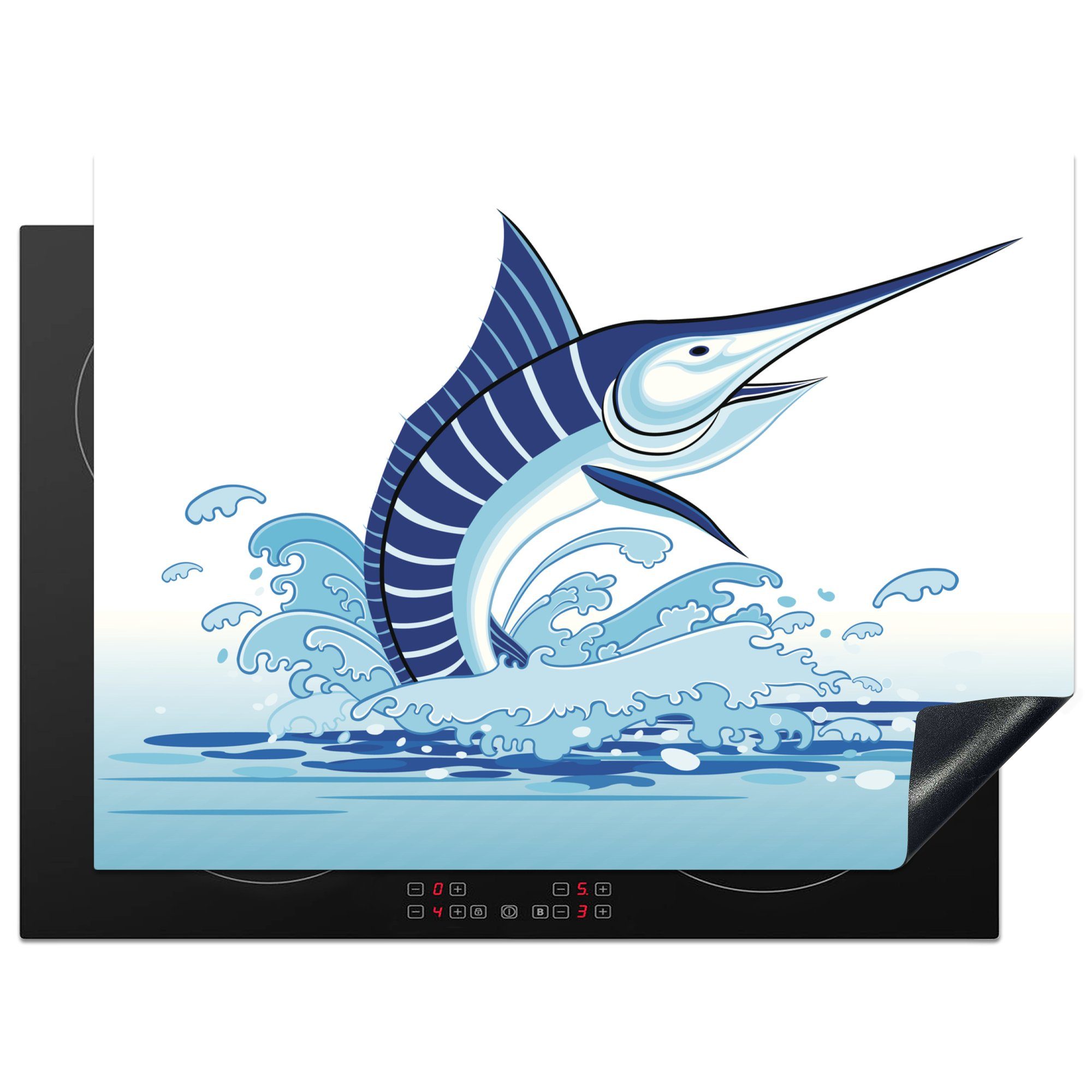 MuchoWow Herdblende-/Abdeckplatte Illustration eines aus dem Meer springenden Schwertfischs, Vinyl, (1 tlg), 70x52 cm, Mobile Arbeitsfläche nutzbar, Ceranfeldabdeckung