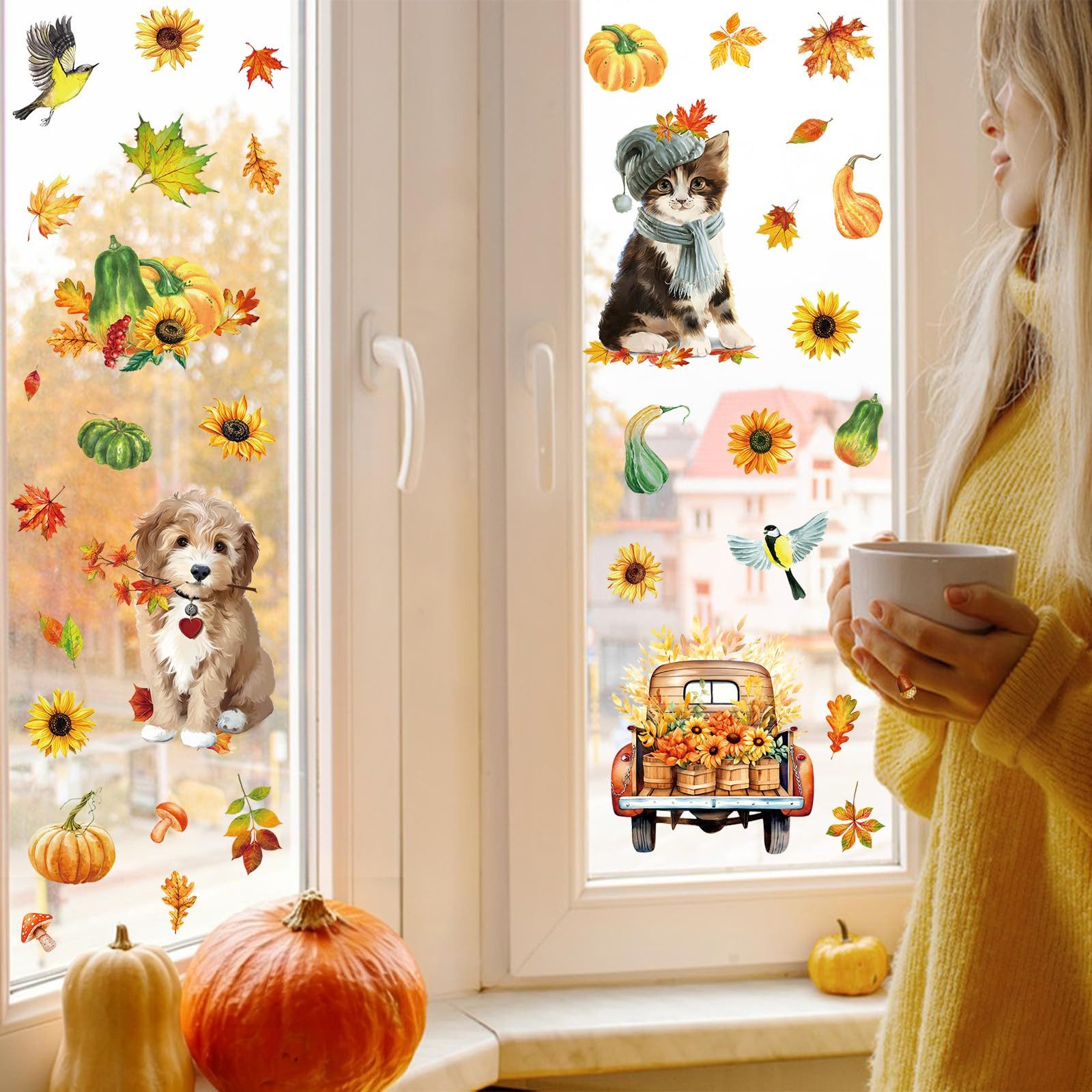Sorvyzxn Fensterfolie Fensterbilder Herbst, Autumn Fensterbild Selbstklebend, Herbstdeko, Fenster Sticker Kinder, Fensteraufkleber Herbstliche Blätter – Bild 5 von 5