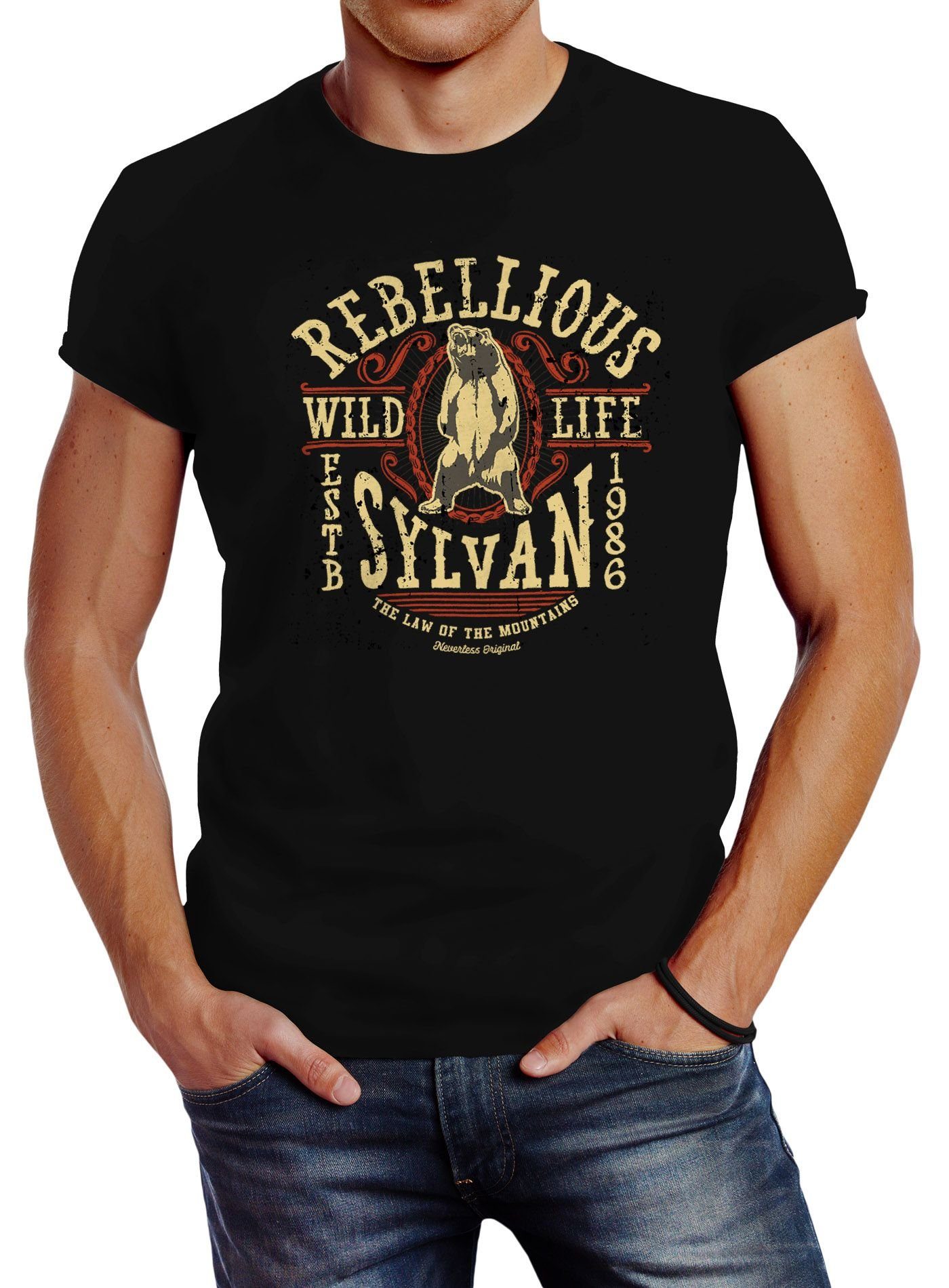 Neverless Print-Shirt Herren Fit Bear Style mit Vintage College Logo Print Rebellious Print Neverless® Slim T-Shirt Sylvan Grizzlybär