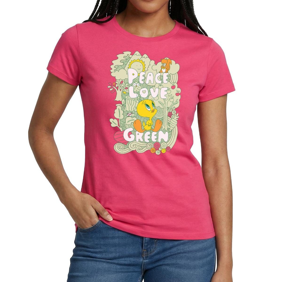 T-Shirt Looney Tunes Tweety Peace Love Green Design Frauen T-Shirt