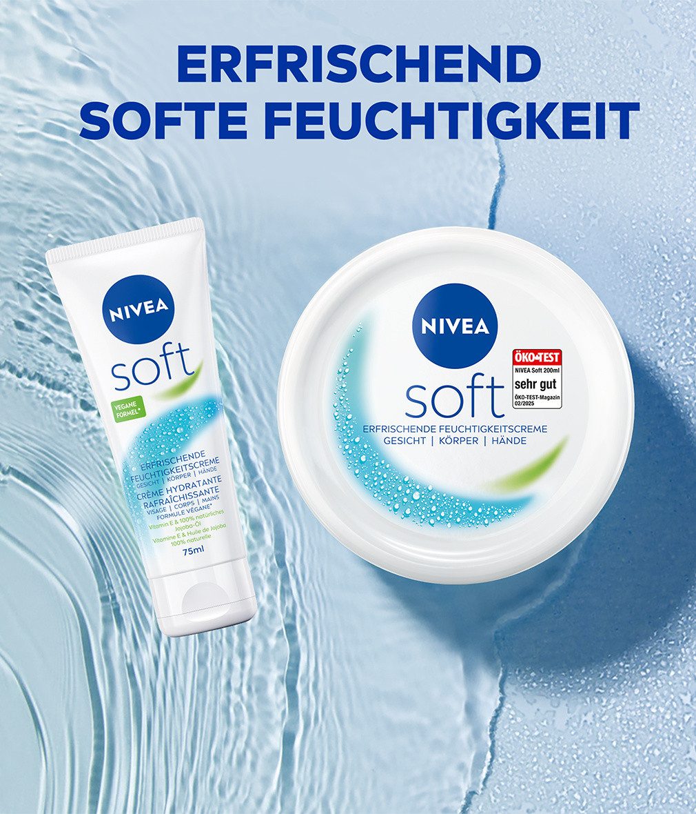 Nivea Tagescreme Soft Erfrischende Feuchtigkeitscreme 3 x 200 ml vegan, 3-tlg., Vitamin E und 100% natürlichem Jojoba-Öl