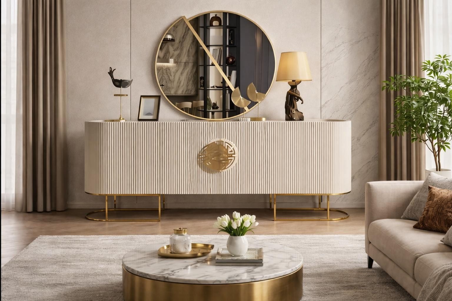Xlmoebel Dekospiegel Eleganter runder Spiegel mit goldener Akzentlinie, Made in Europa