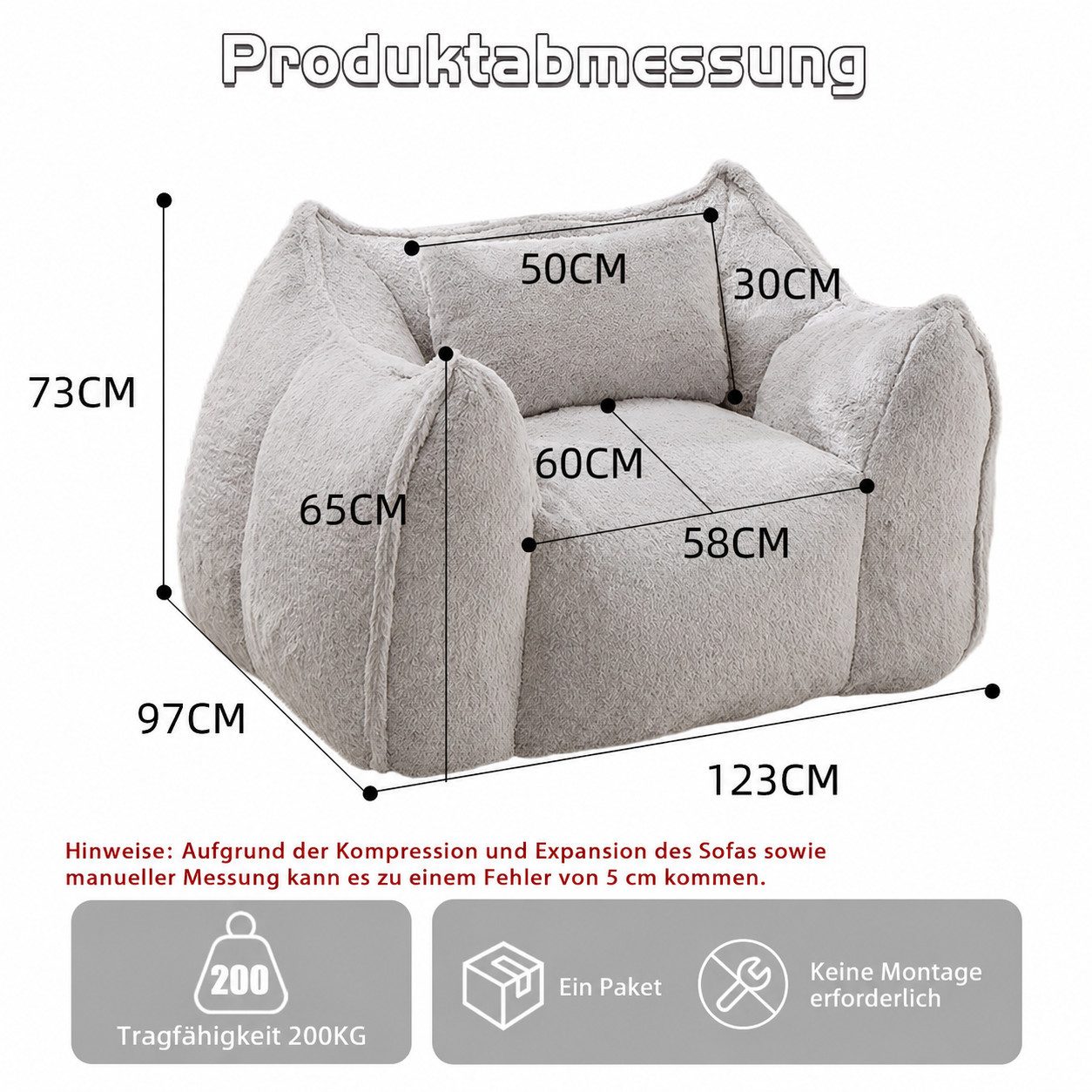 Vankel Relaxliege Sofas Wohnzimmer Loungesessel aus Kunstfell weich & bequem, Bean Bag Sessel mit Schaumstofffüllung und ohne Montage