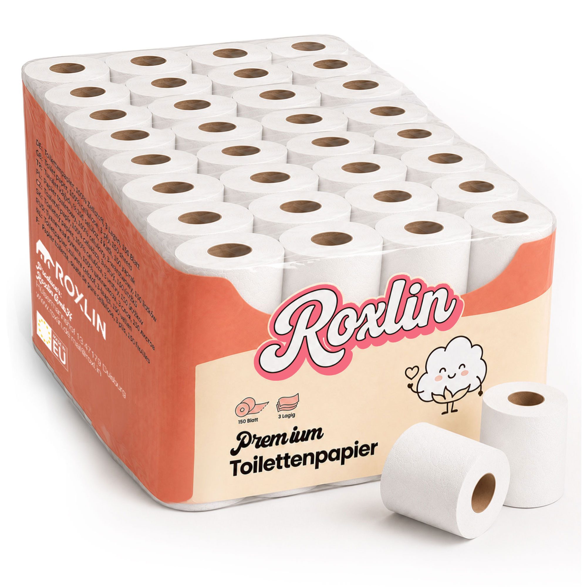 Roxlin Toilettenpapier Toilettenpapier, 3-lagig, Ultraweich, Saugstark, Reißfest (64-St)