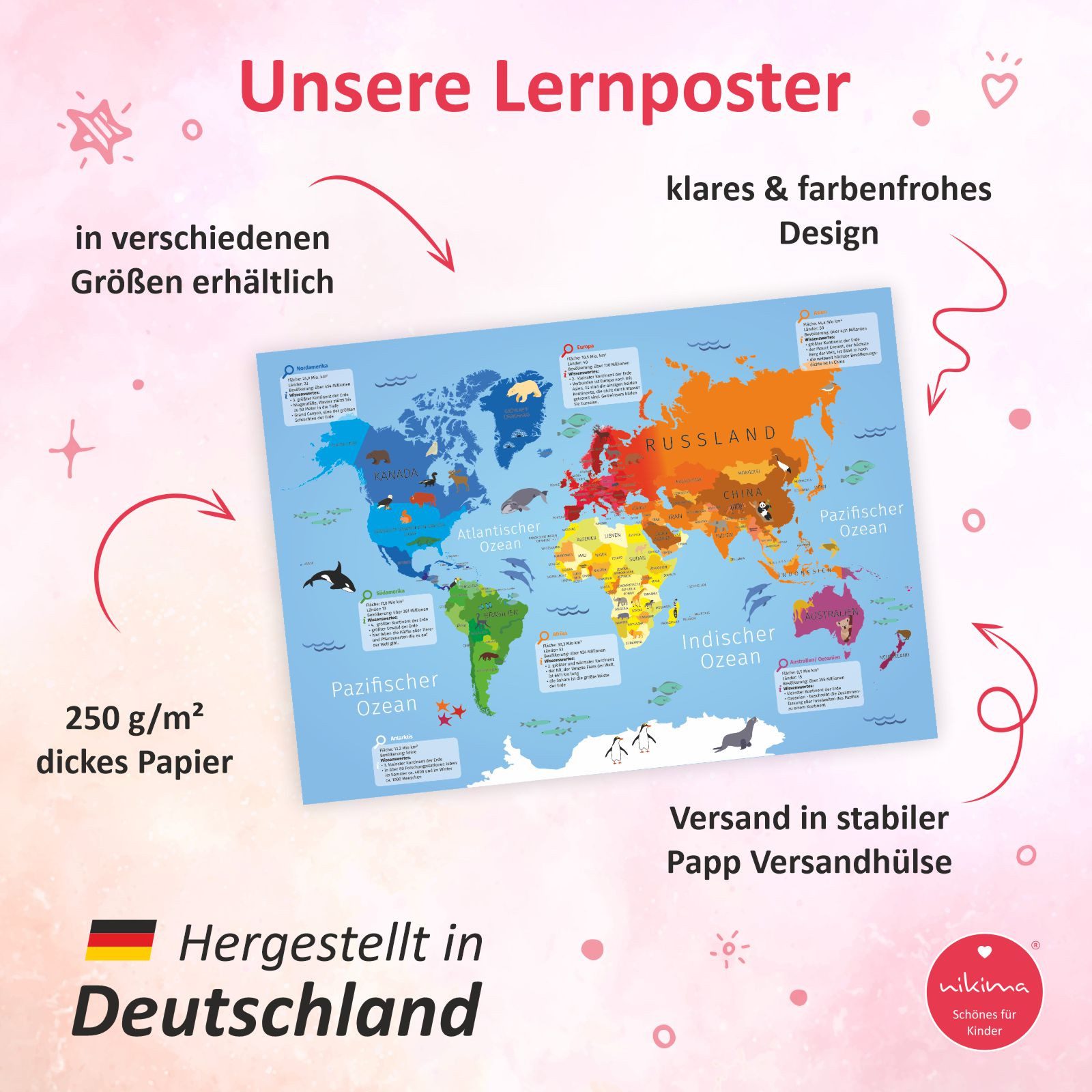 nikima Poster Kinder Lernposter Weltkarte - Größe: A3 - 420 x 297 mm, Weltkarte, in 3 Größen – Bild 5 von 5