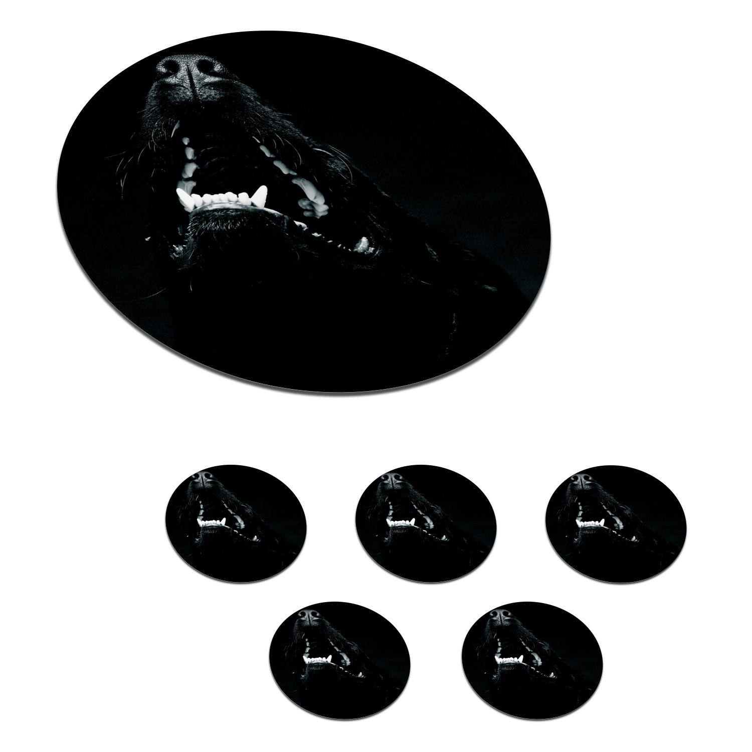 MuchoWow Glasuntersetzer Tierprofil Hund mit offenem Maul in schwarz und weiß, Zubehör für Gläser, 6-tlg., Getränkeuntersetzer, Tassenuntersetzer, Korkuntersetzer, Tasse, Becher
