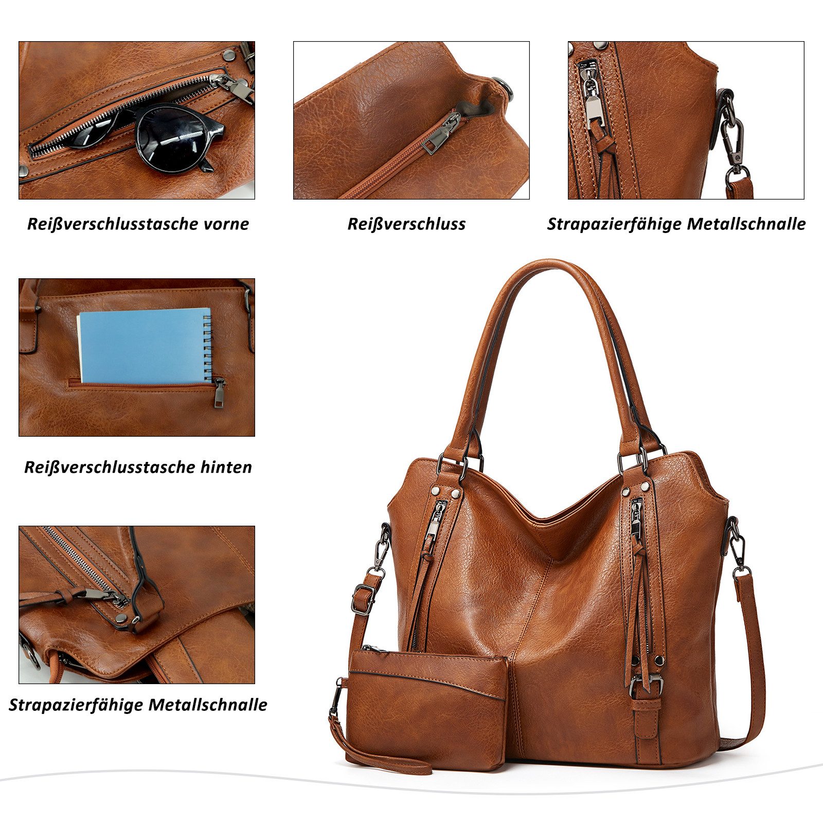 TAN.TOMI Handtasche Damen Schultertasche Groß Shopper Vegan Handtasche, Handtaschen Umhängetasche Geldbörse Damen Taschen 2-Tlg – Bild 4 von 5