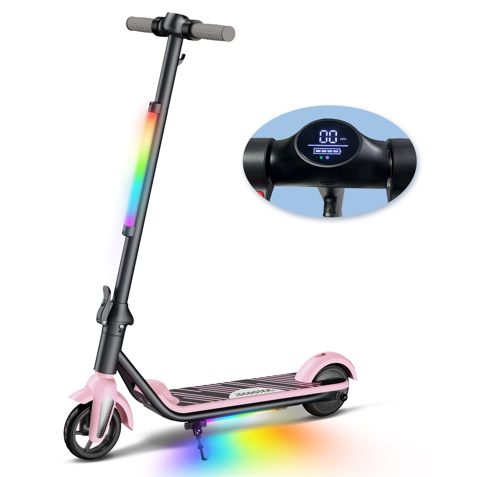 Fanttik Elektro-Kinderroller Kinder faltbarer E-Scooter mit LED-Beleuchtung, farbenfrohen Lichtern, bis zu 8 km Reichweite, 6/12 KM/H, LED Display, Belastung bis 50kg