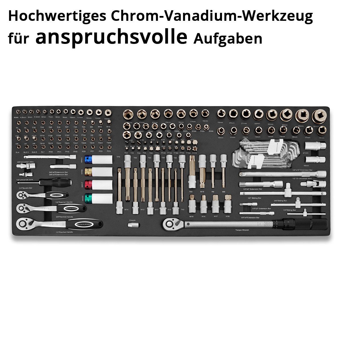 STAHLWERK Steckschlüssel Werkzeugeinlage mit 186-teiligem Bit- und Steckschlüssel-Satz CrV, Schweißer-Gripzangen inklusive Transportkoffer