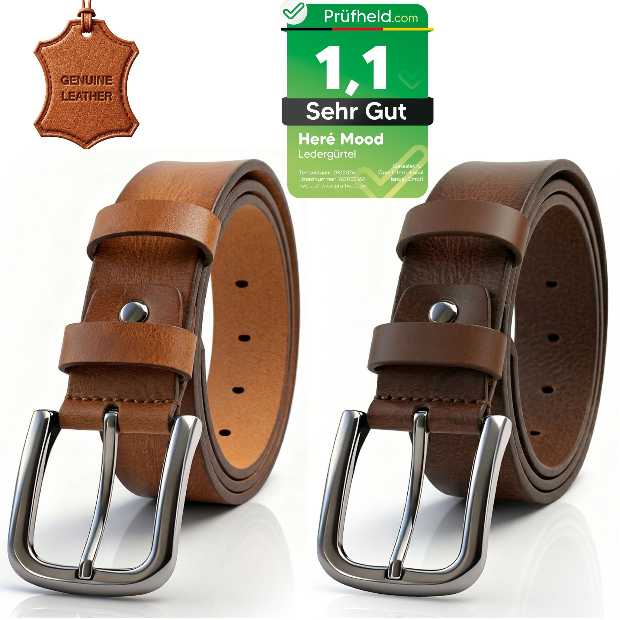 herémood Ledergürtel [Test SEHR GUT, Note 1.1] Herren Leder Gürtel 4cm Cognac-Braun 135cm (Vatertagsgeschenk für Papa Mann, hochwertig verarbeitet, kürzbar, 2-St., Hochwertiges Echtleder, angenehm weich, dennoch formstabil im Alltag) Ledergürtel Herren Co