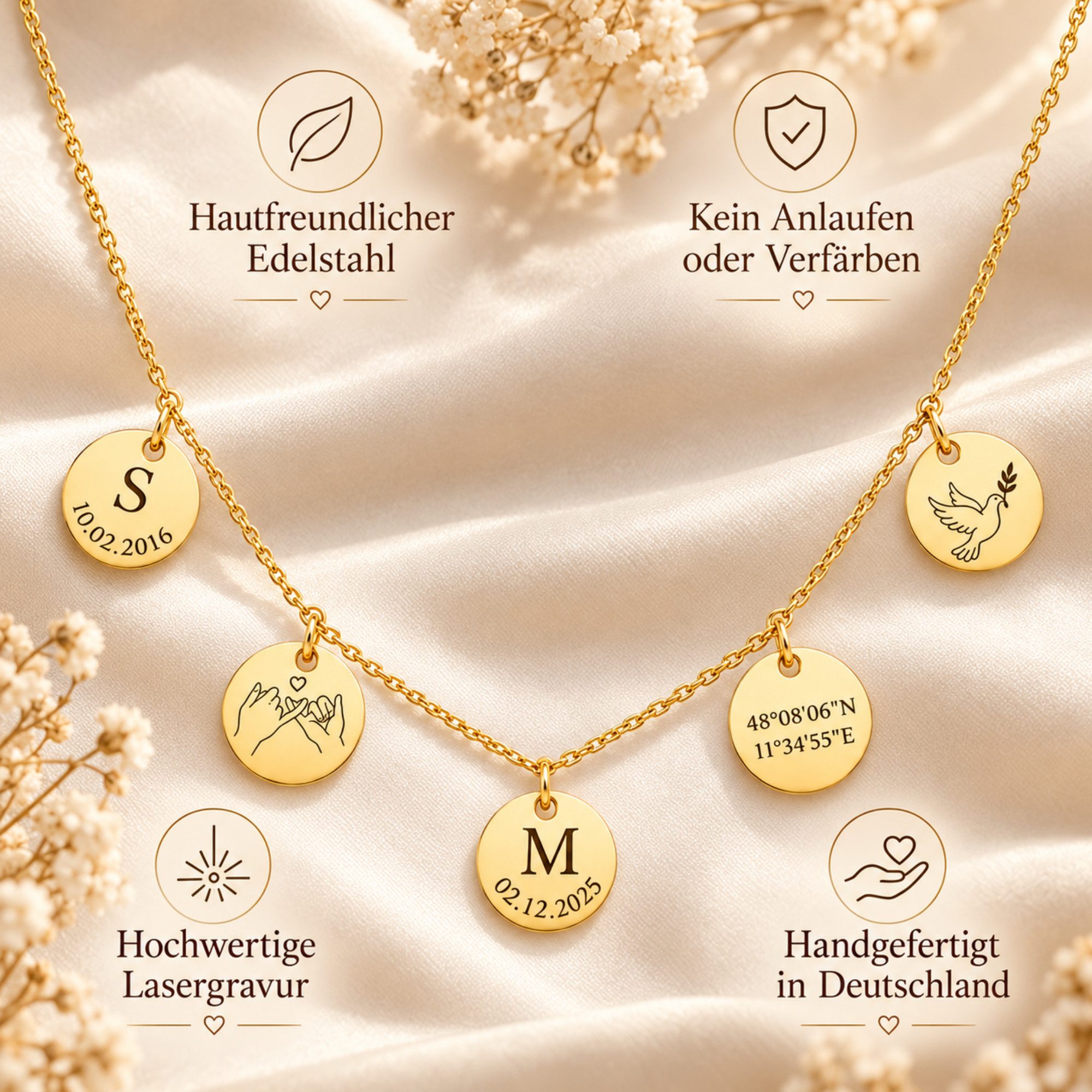 BS Schmuckdesign Kette mit Anhänger mit Gravur Personalisierte Halskette mit Name und Symbolen Gravurkette vergoldet (inkl. Gravur), personalisiert inkl. Gesche – Bild 3 von 5