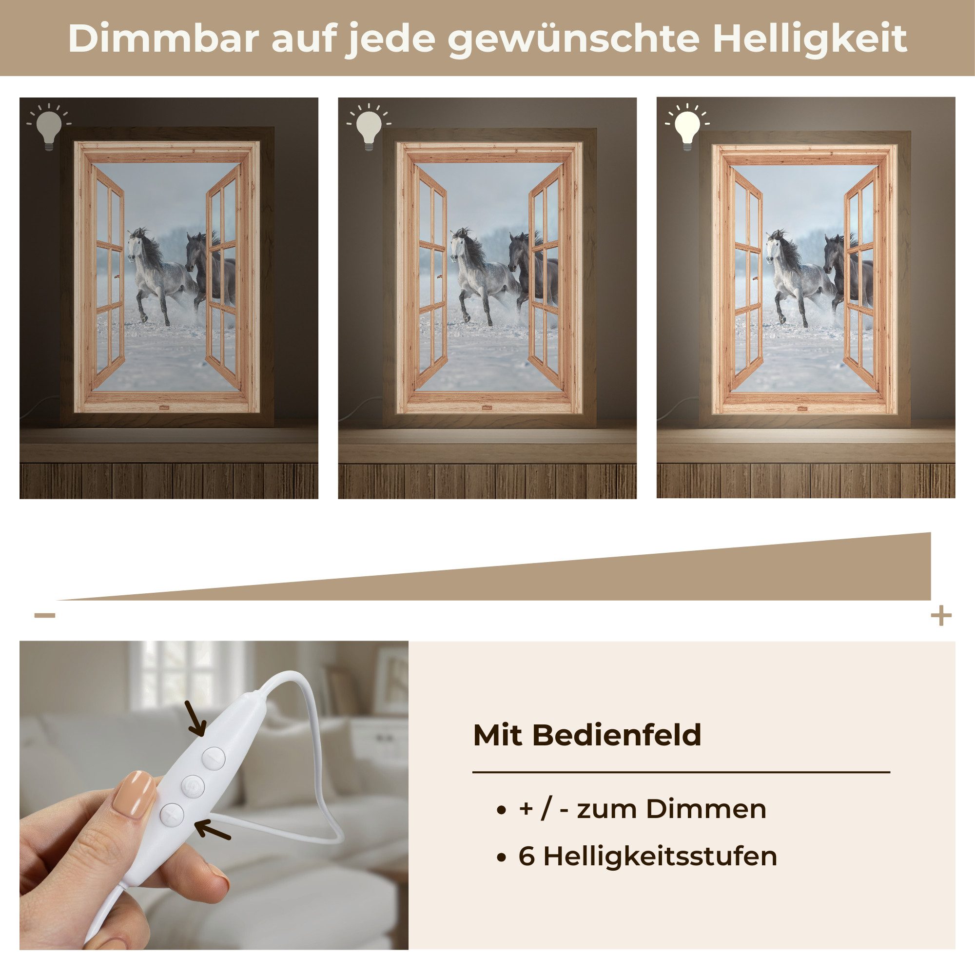OnlyWow Wandleuchte Lightbox Fensterblick - Fenster - Pferde - Winter - Tiere - Natur - Ho, Dimmbar, Farbwechsel, LED, Warmweiß, Kaltweiß, Neutralweiß Einstellbar, Wandlampe Innen, Dimmbar, mit Kabel, LED, Beleuchtung, Wohnzimmer