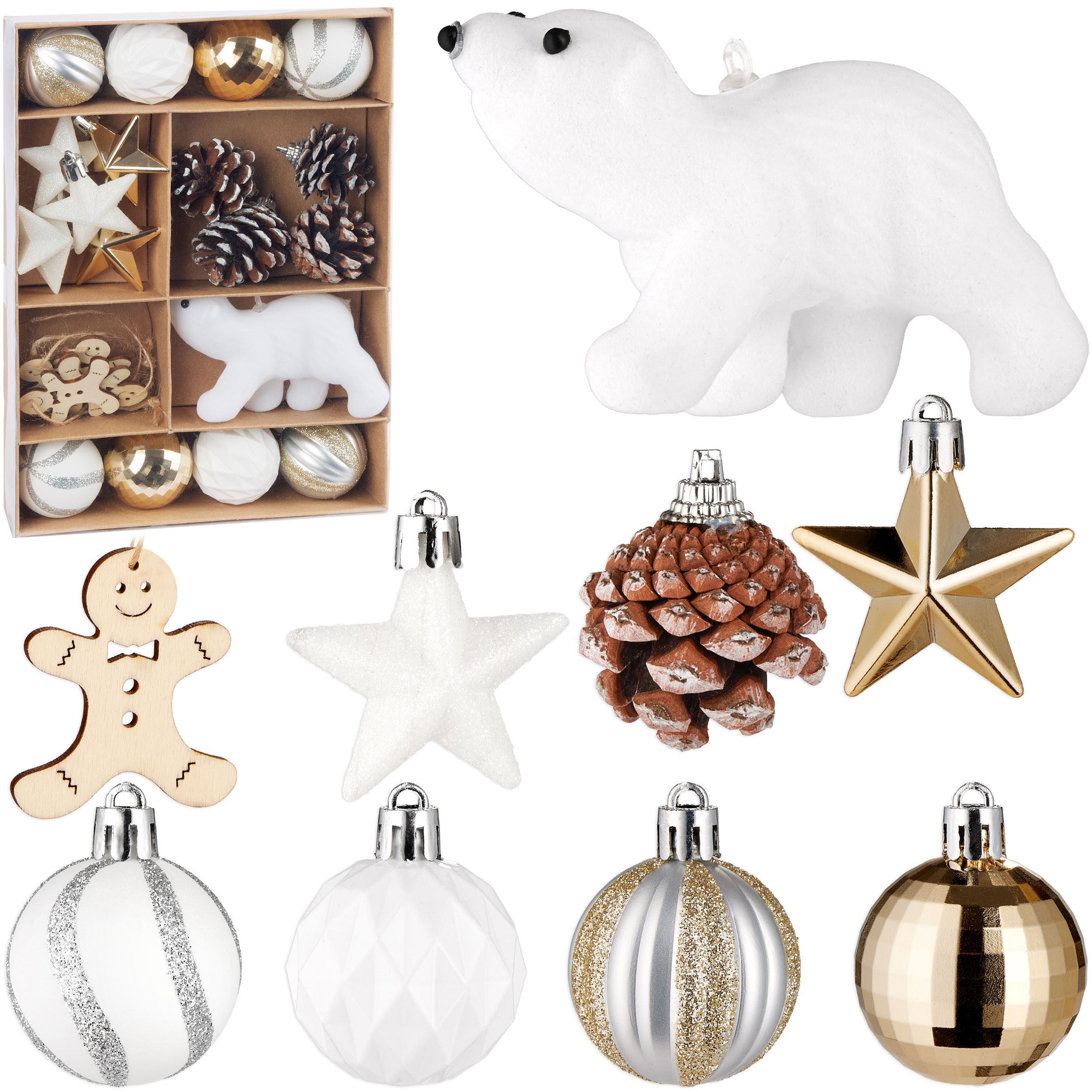 BRUBAKER Weihnachtsbaumkugel 24 Stück Christbaumschmuck mit Eisbär Kugel - Weihnachtskugel Set (24 St), Tannenzapfen, Lebkuchen,Sternen und Baumkugeln - Weiß, Gold und Braun