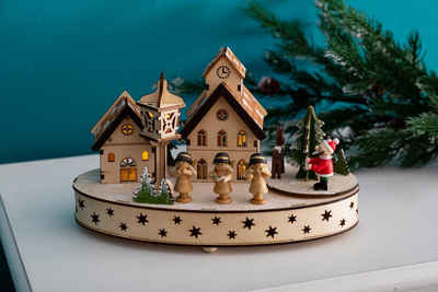 Wohnando Weihnachtsdorf Spieluhr aus Holz mit kleinem Weihnachtsdorf