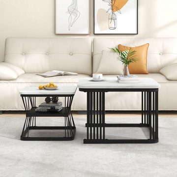 OKWISH Couchtisch und 2er Set, Beistelltisch (PVC in Marmoroptik, schwarz matt Stahlrohre), 2 Tische mit den Maßen
