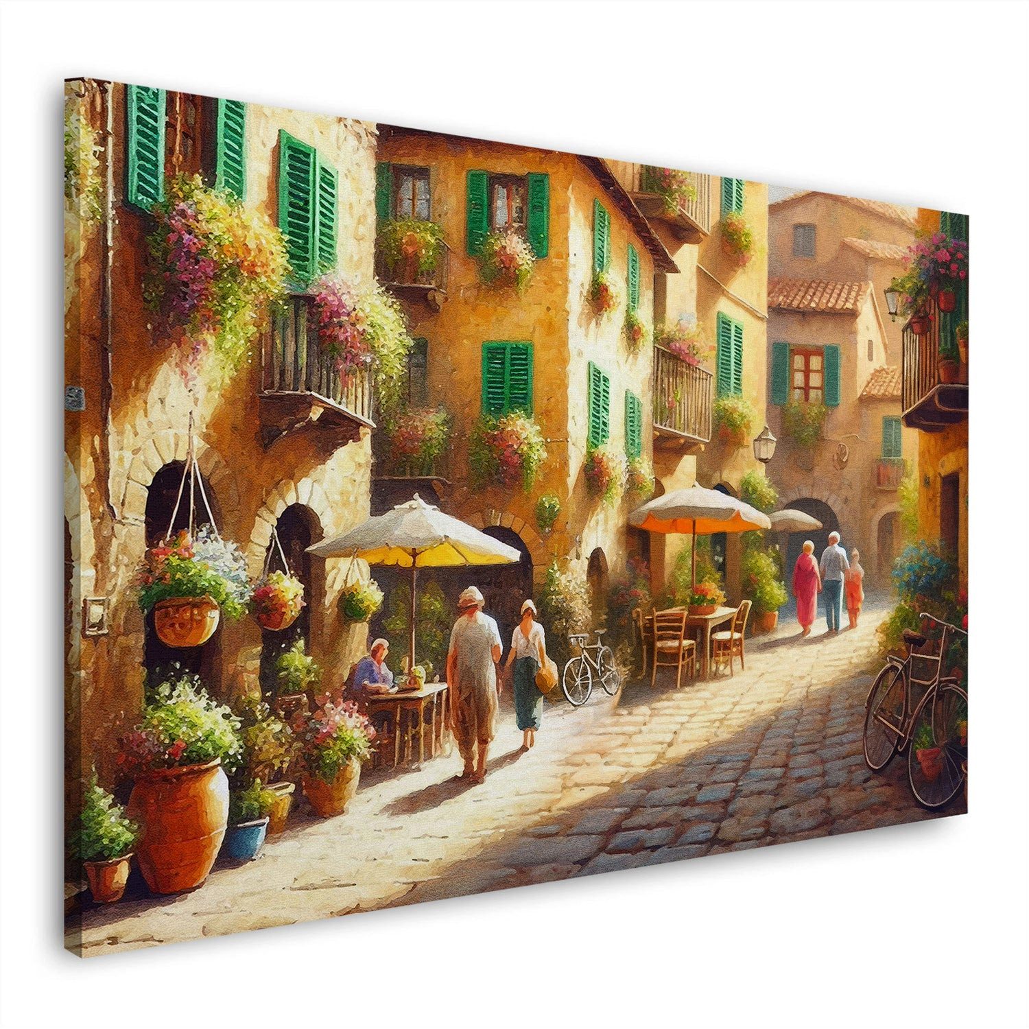 Artedinoi Leinwandbild Italien Toskana malerische Gasse mit Blumen und Café Wandbild XL Wandd