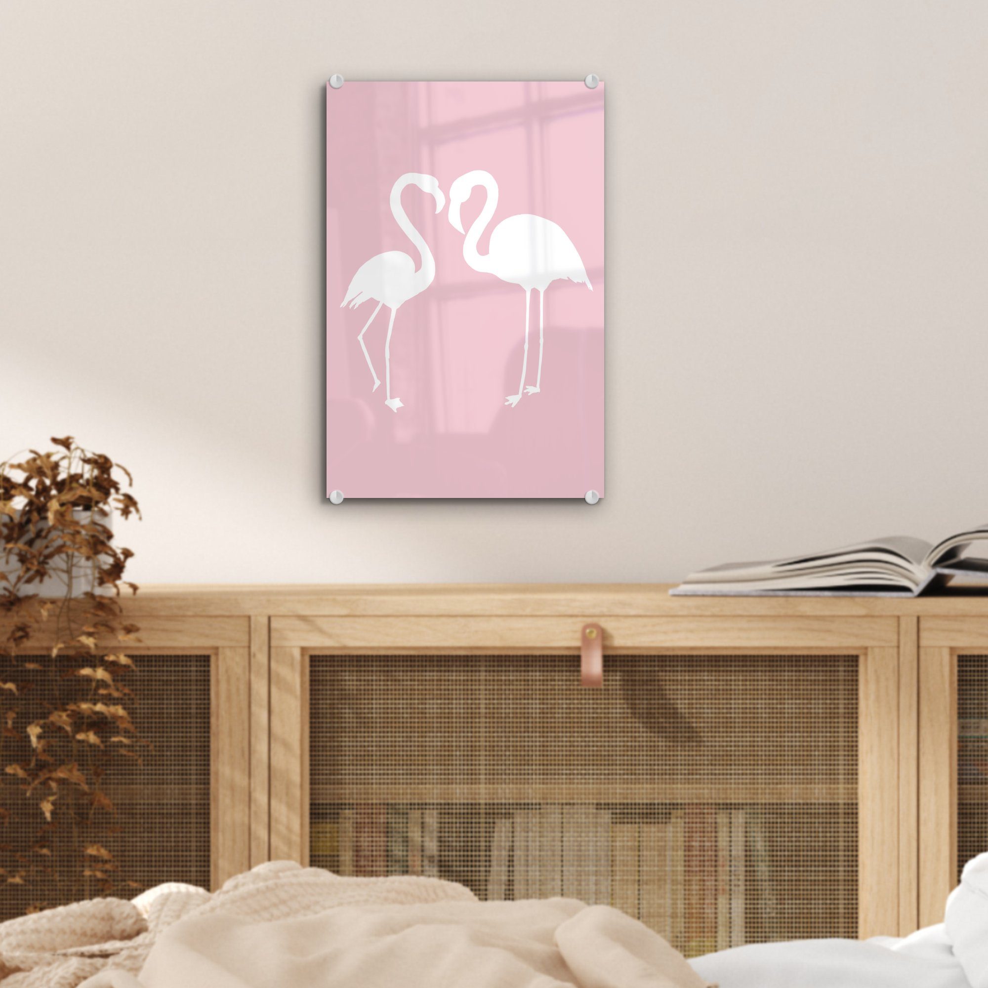 Herz Glas auf Rosa (1 Bilder - St), Flamingo, Wanddekoration - MuchoWow Acrylglasbild - Foto bunt Wandbild Glas - Glasbilder auf -